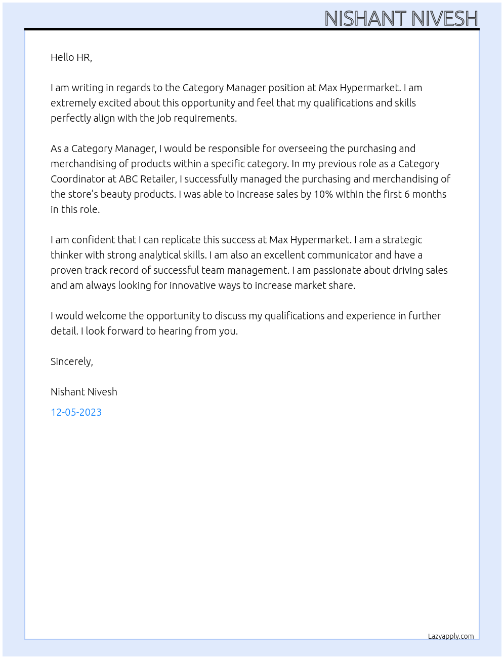 Category Manager  At Max Hypermarket  Cover Letter