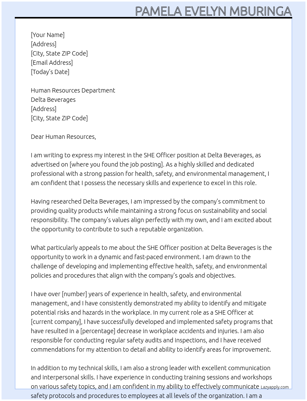 she officer At Delta Beverages Cover Letter