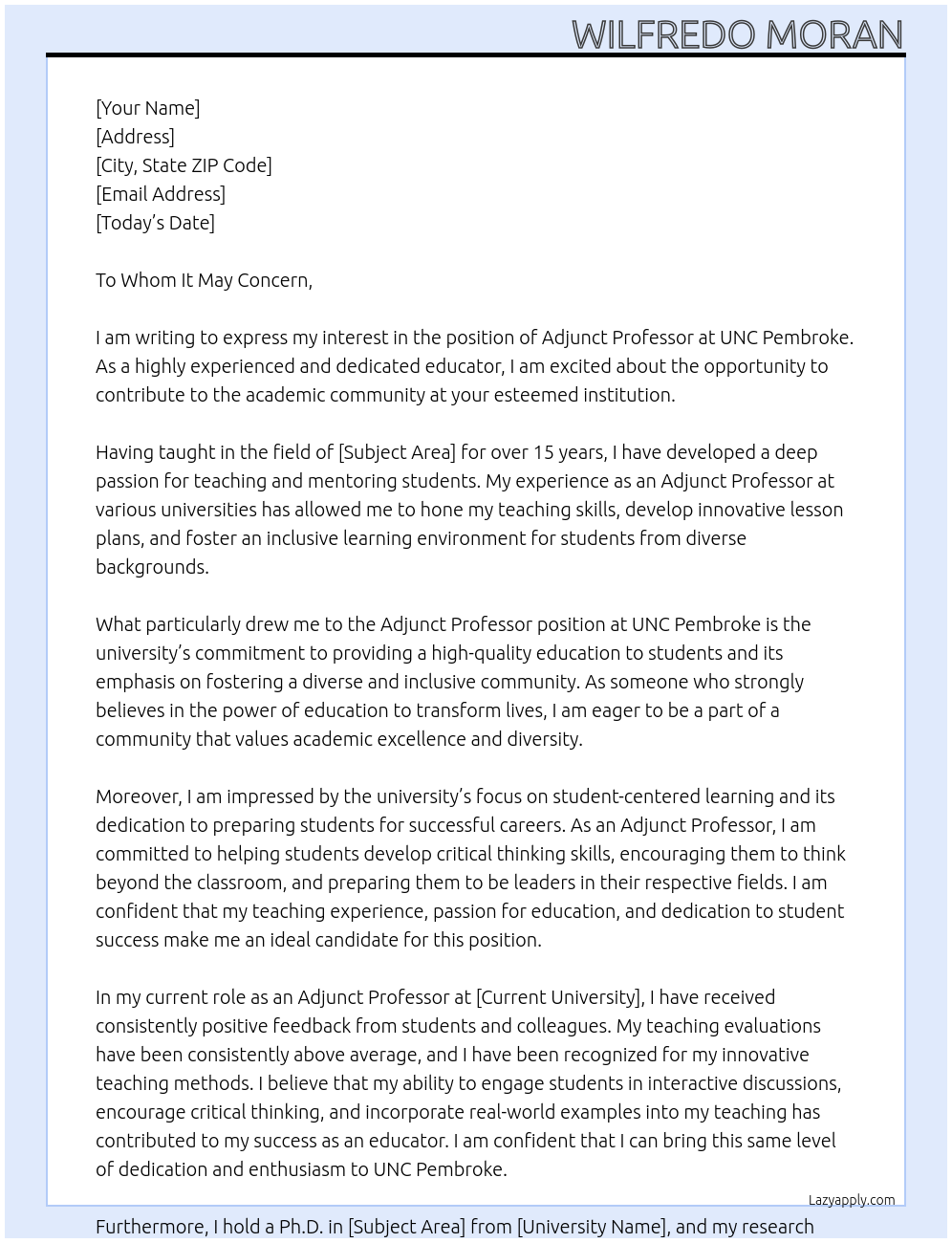 Adjunct Professor At UNC Pembroke Cover Letter