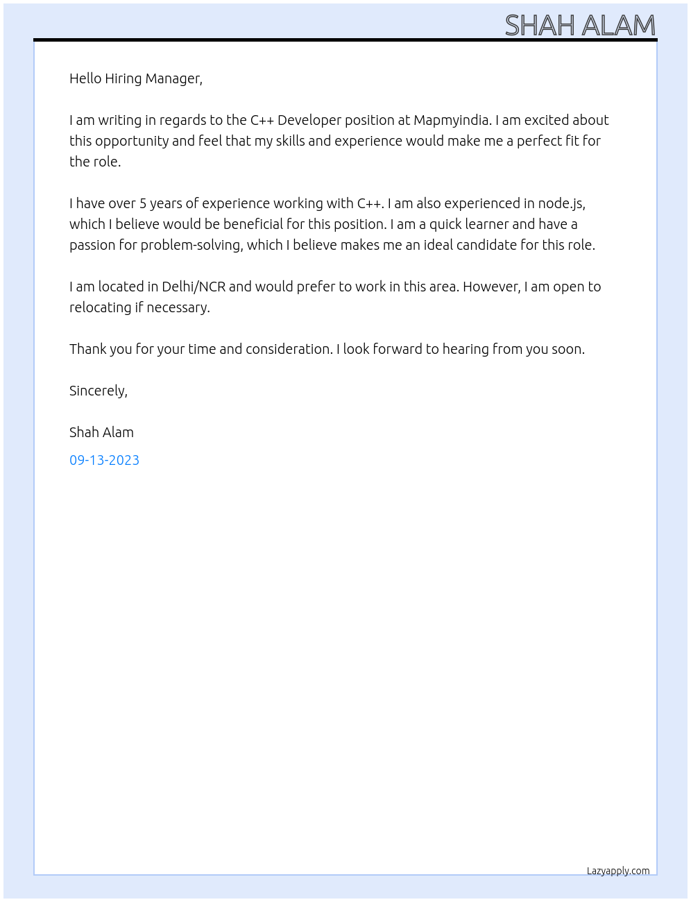 C++ Developer At Mapmyindia Cover Letter
