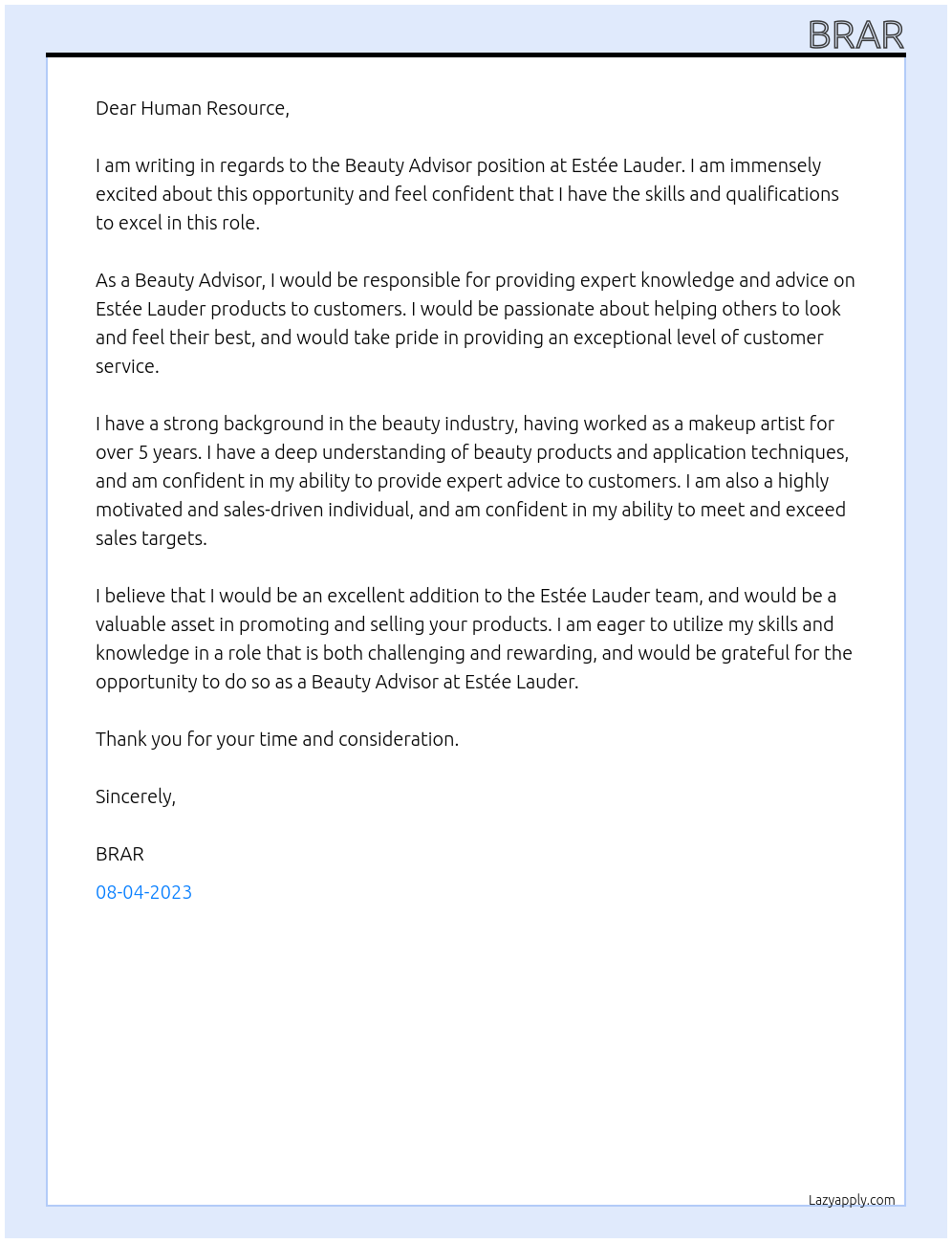 Beauty Advisor At Estée Lauder Cover Letter