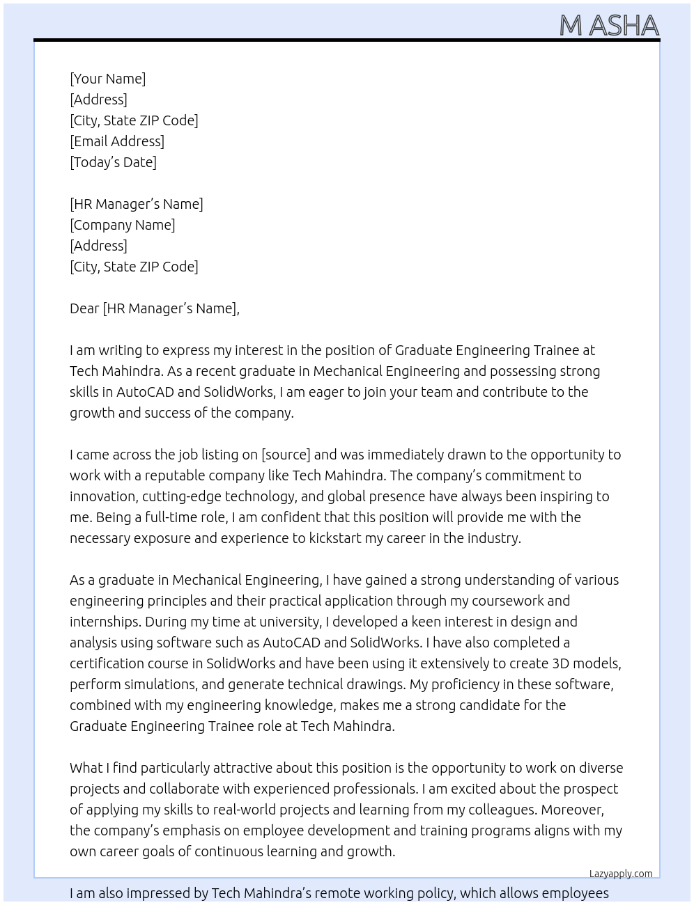 GRADUATE ENGINEERING TRAINEE At TECH MAHINDRA Cover Letter