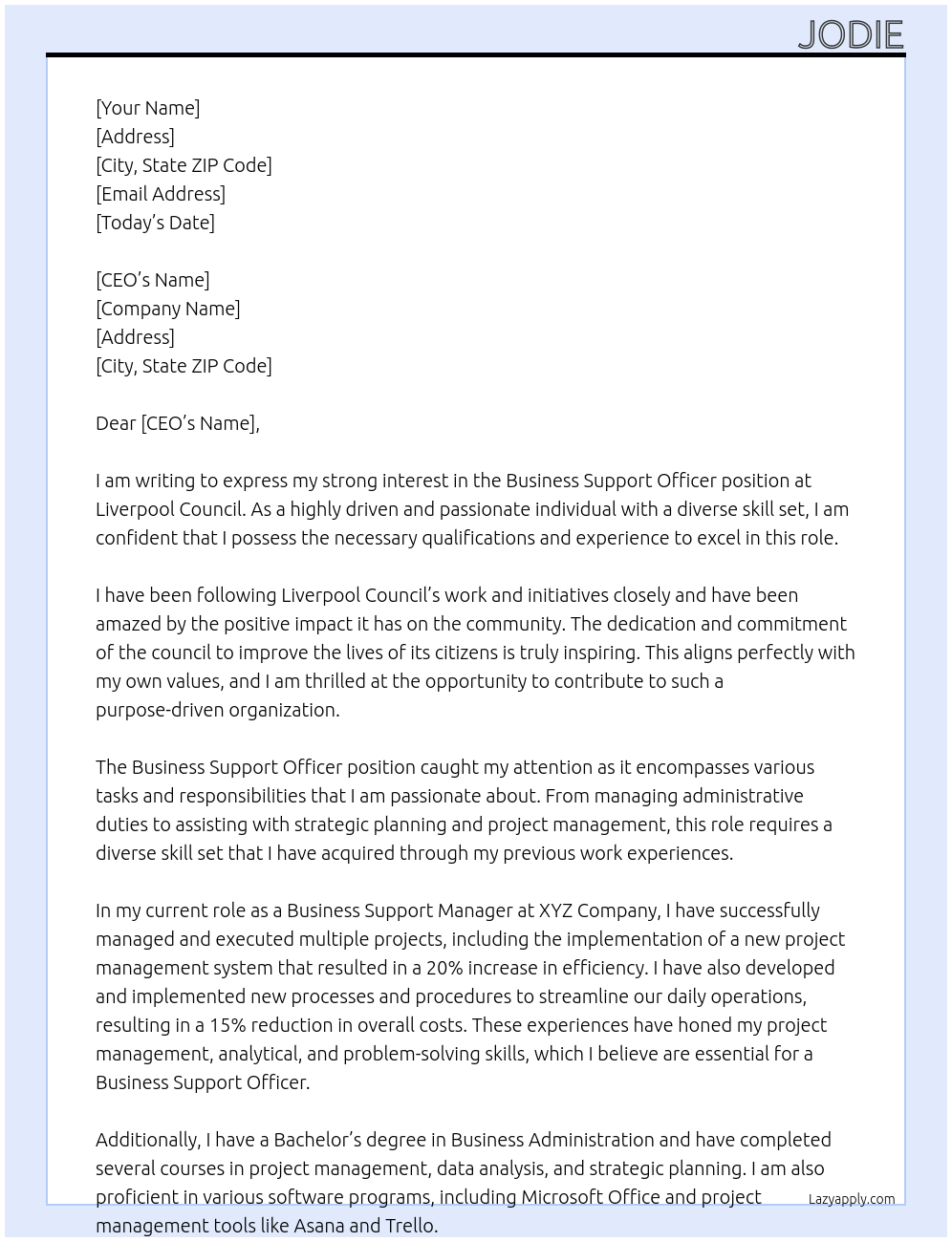 Business Support Officer At Liverpool Councl Cover Letter