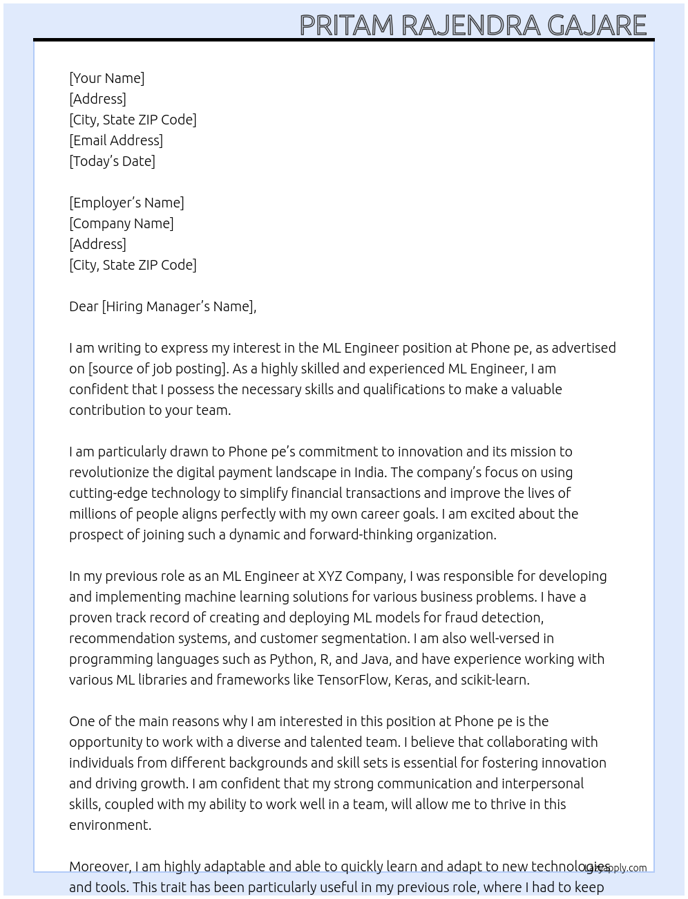 ML Engineer At Phone pe Cover Letter