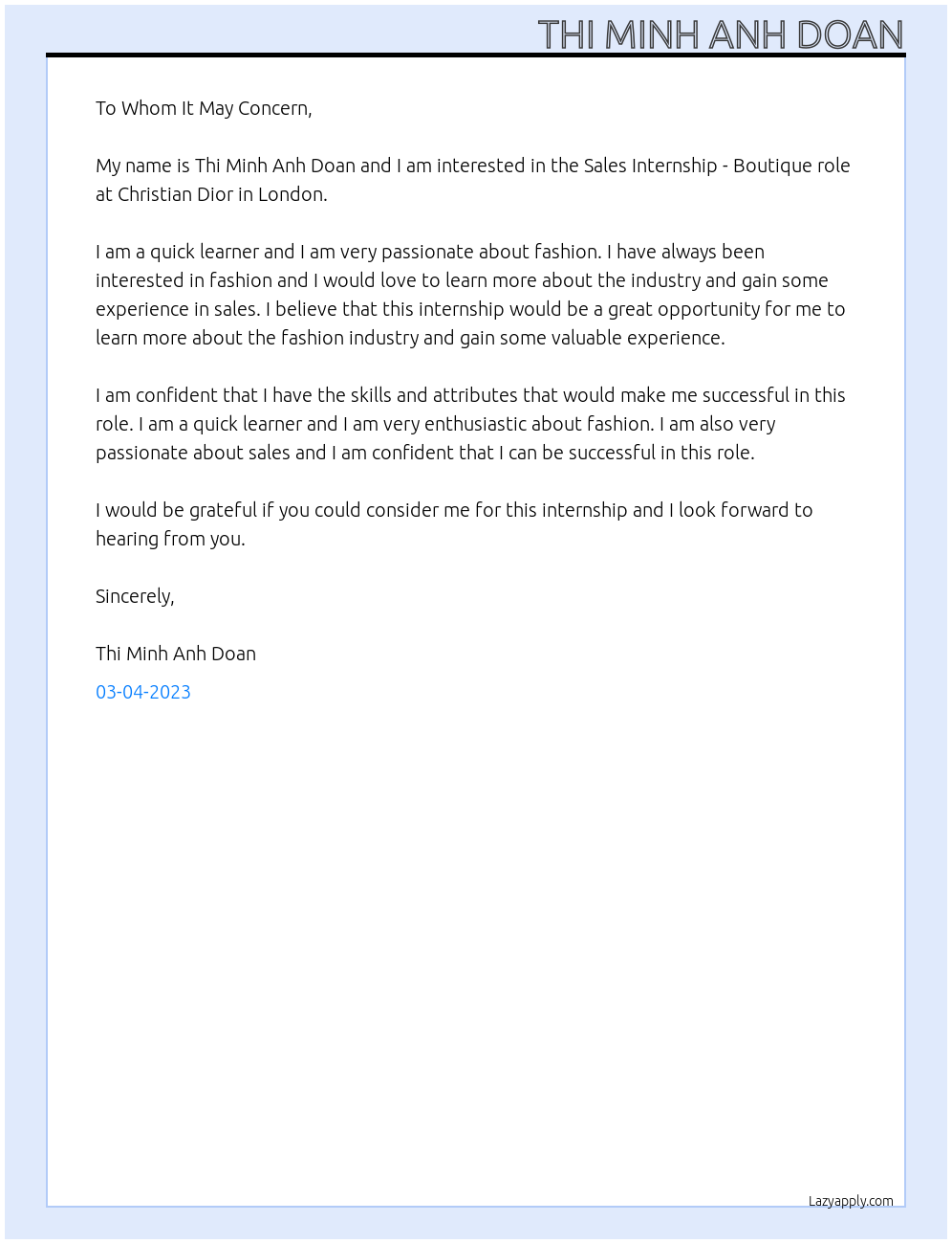 sale internship At Christian dior Cover Letter