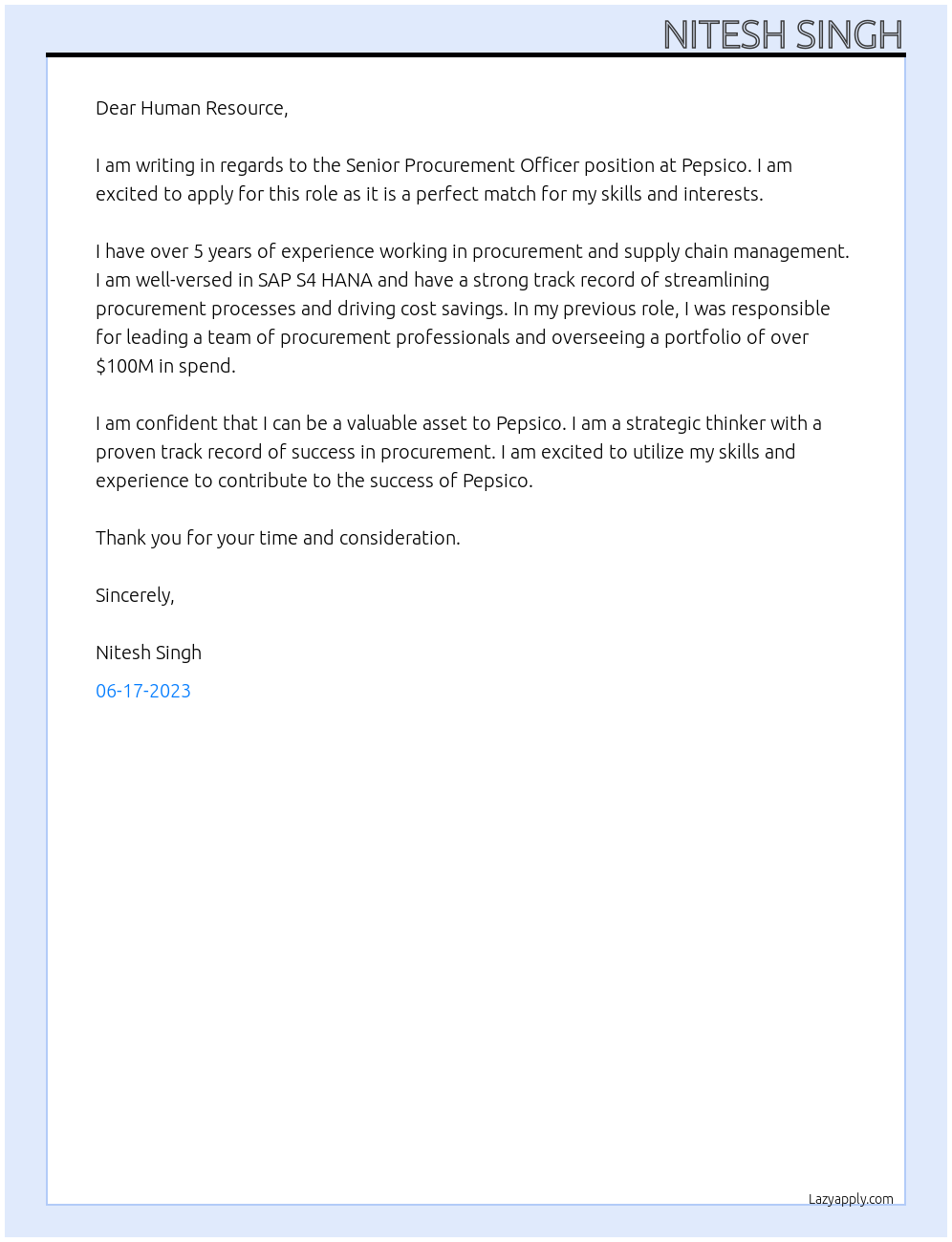 Senior Procurement Officer At Pepsico Cover Letter