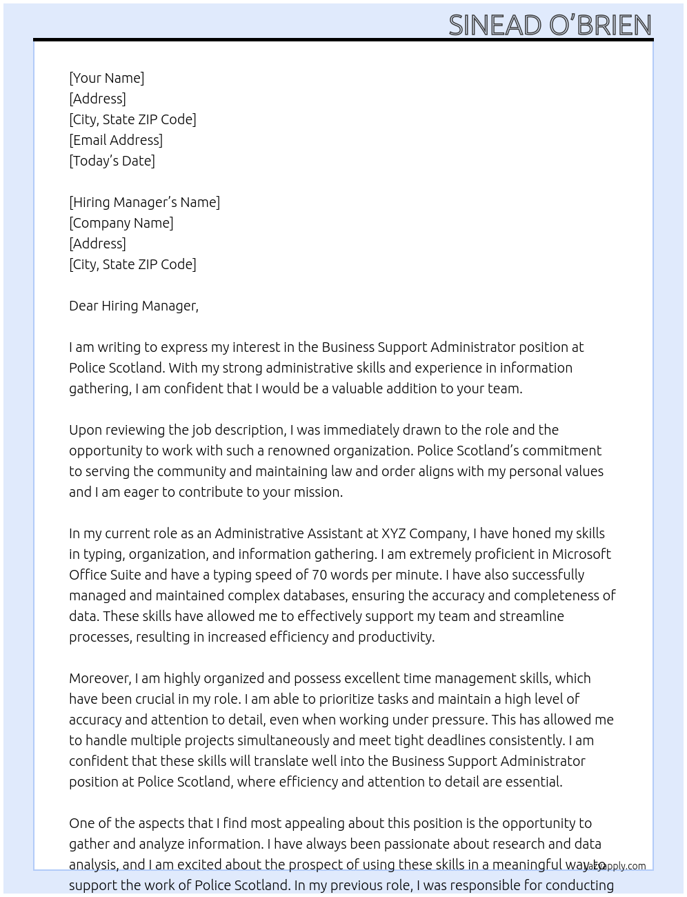 Business support administrator At Police scotland Cover Letter