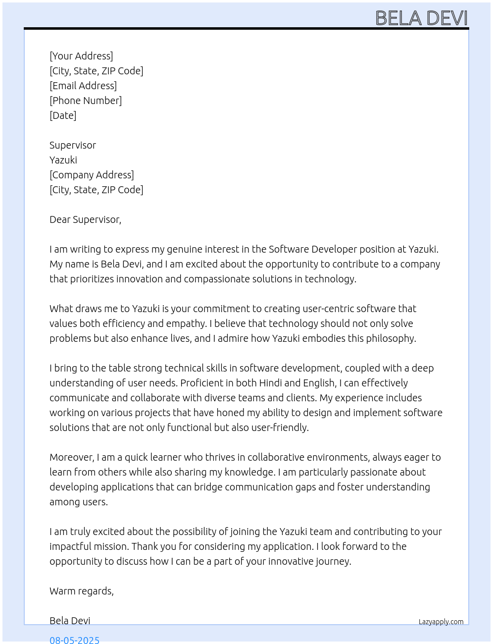 Software developer At Yazuki Cover Letter