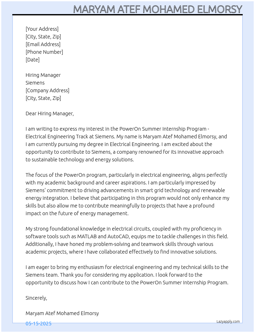 Cover letter for application for poweron summer internship program - electrical engineering track - LazyApply