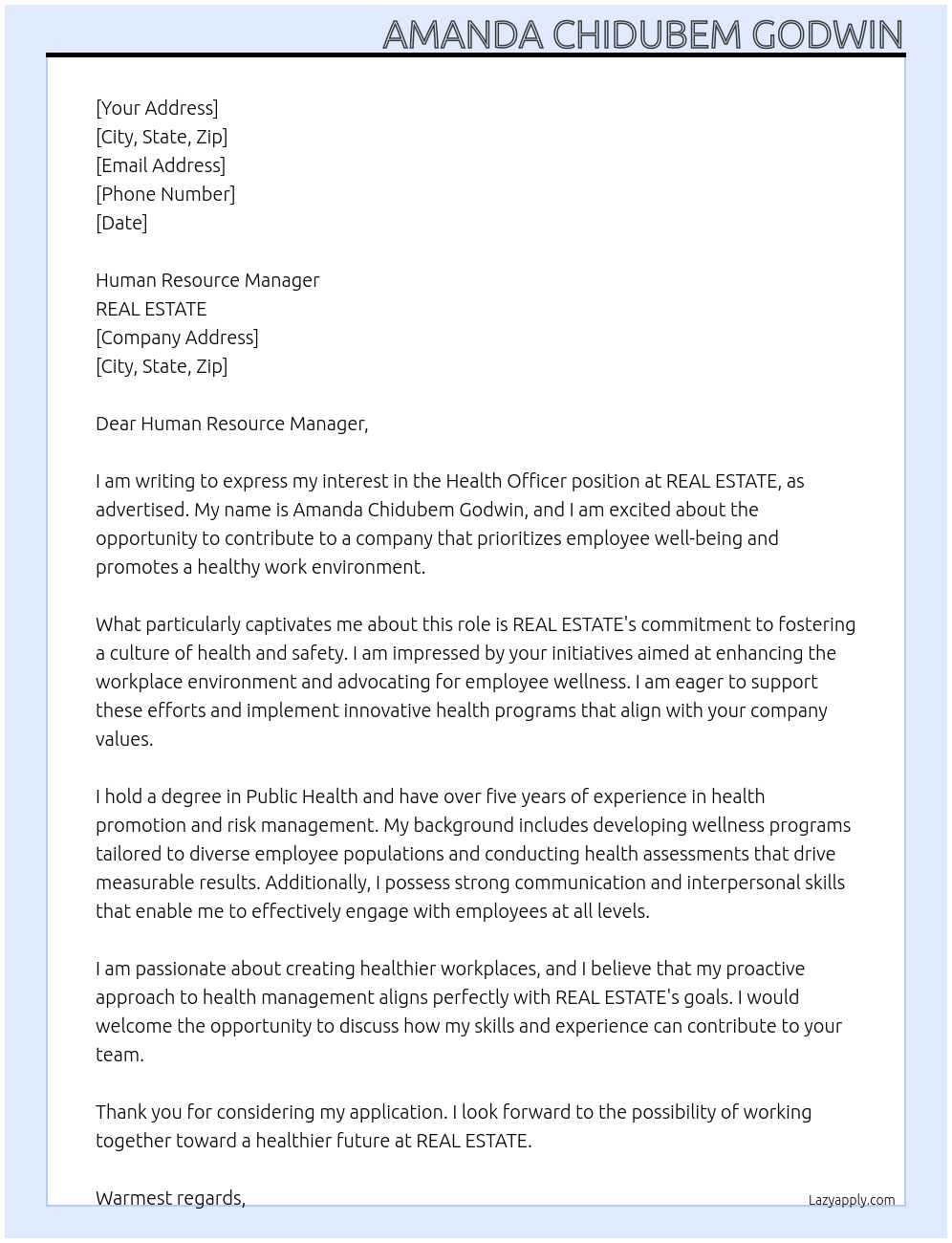 HEALTH OFFICER At REAL ESTATE Cover Letter