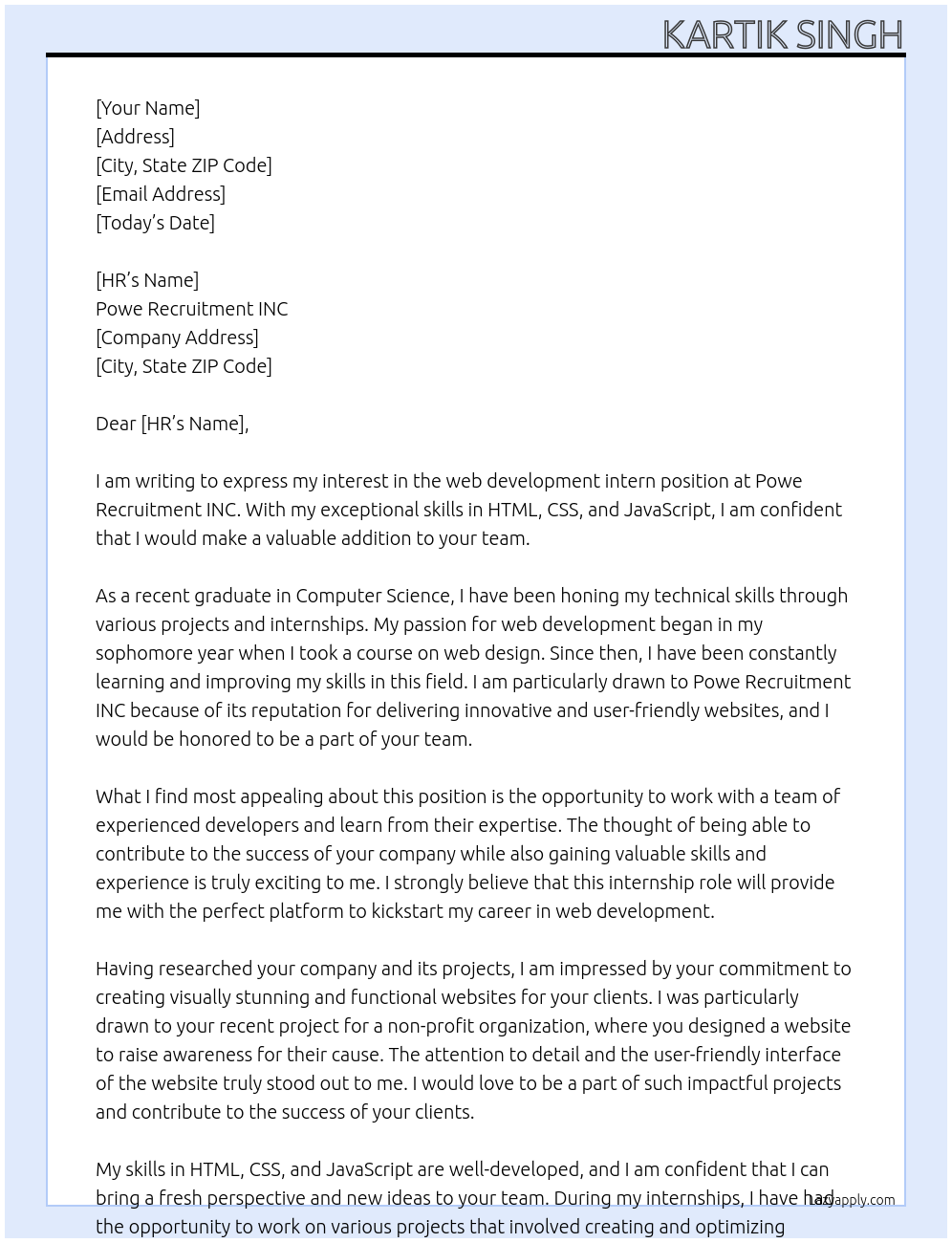 web development At Powe Recruitment INC Cover Letter