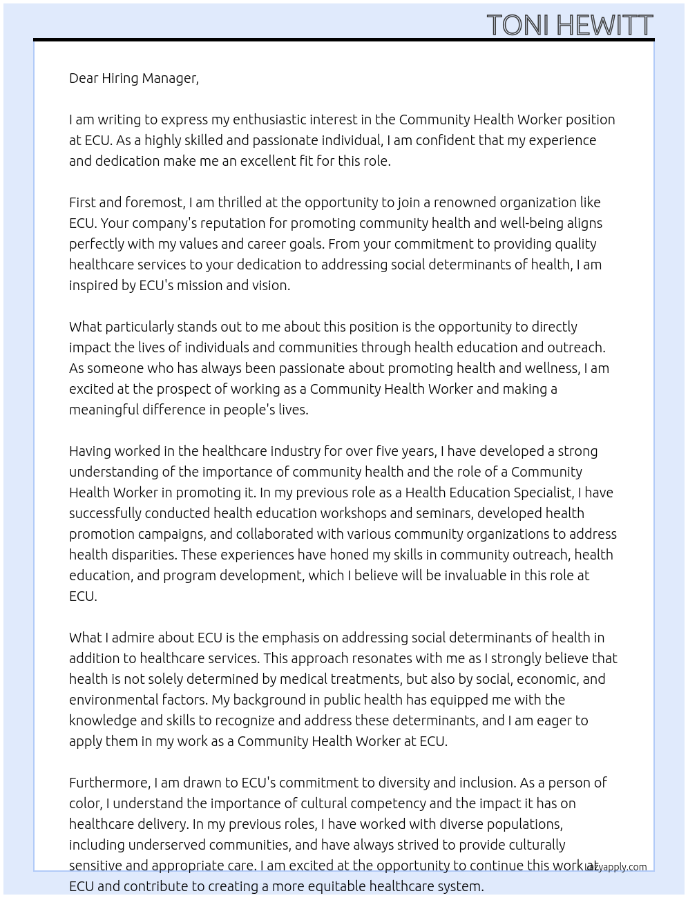 Community Health Worker At ECU Cover Letter
