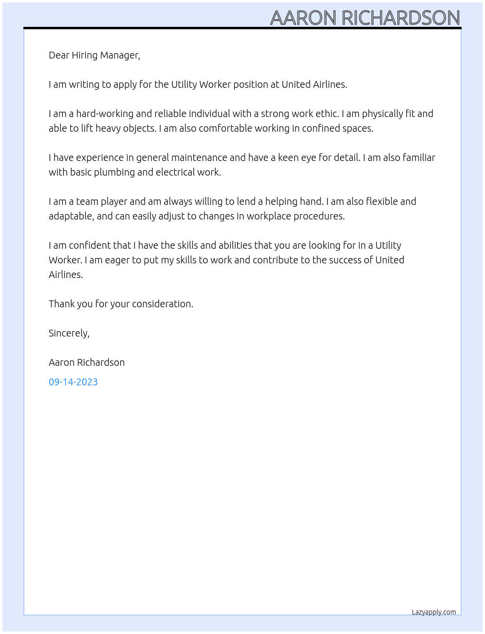 Utility Worker At United Airlines Cover Letter