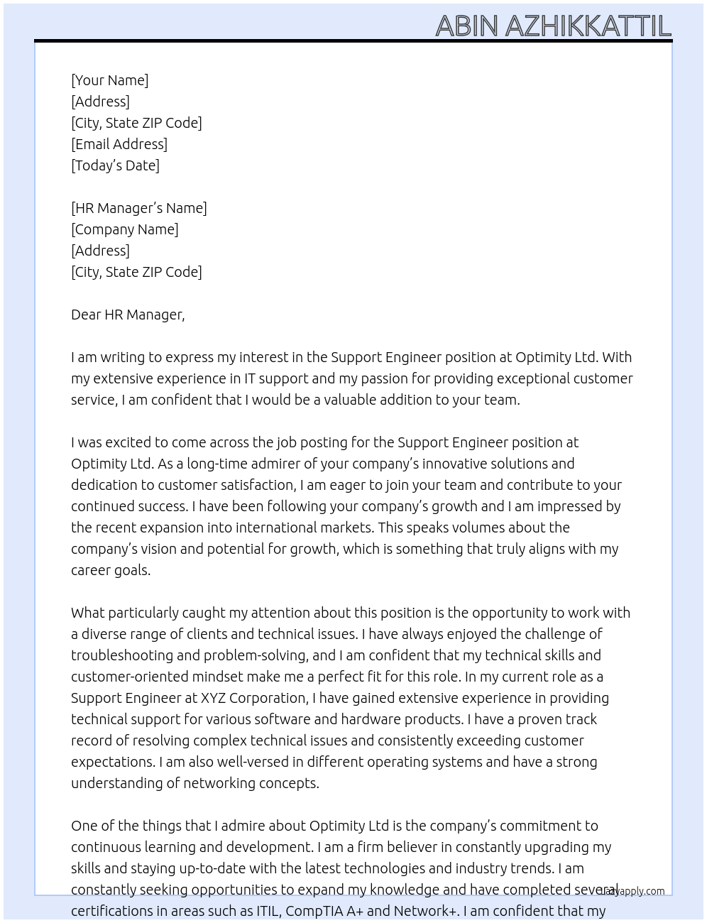 Support Engineer At Optimity Ltd Cover Letter