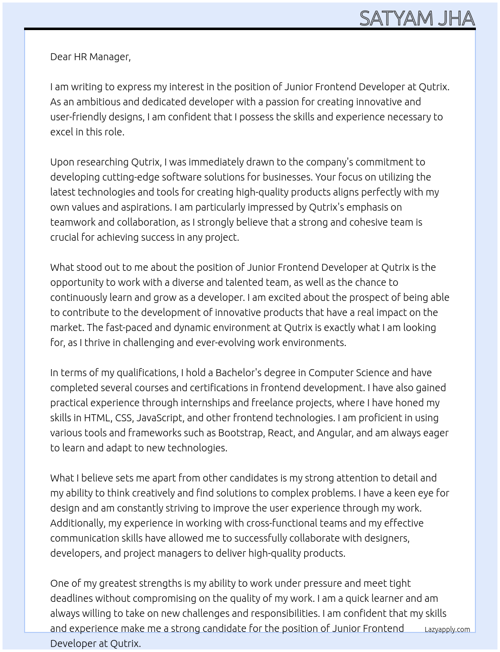 Junior Frontend Developer At Qutrix Cover Letter