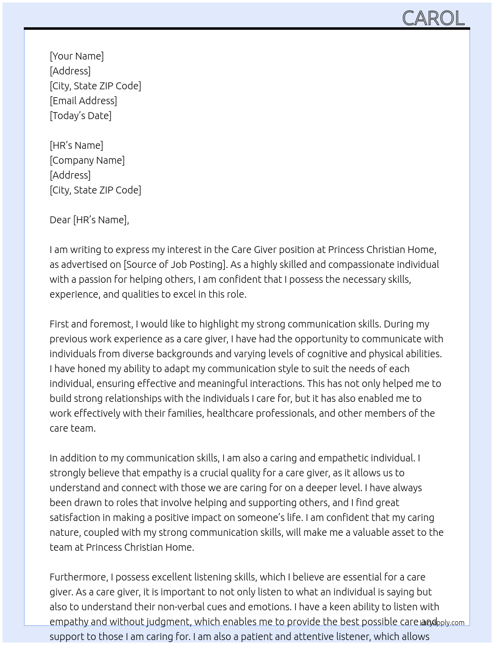 Care Giver At Princess Christian Home Cover Letter