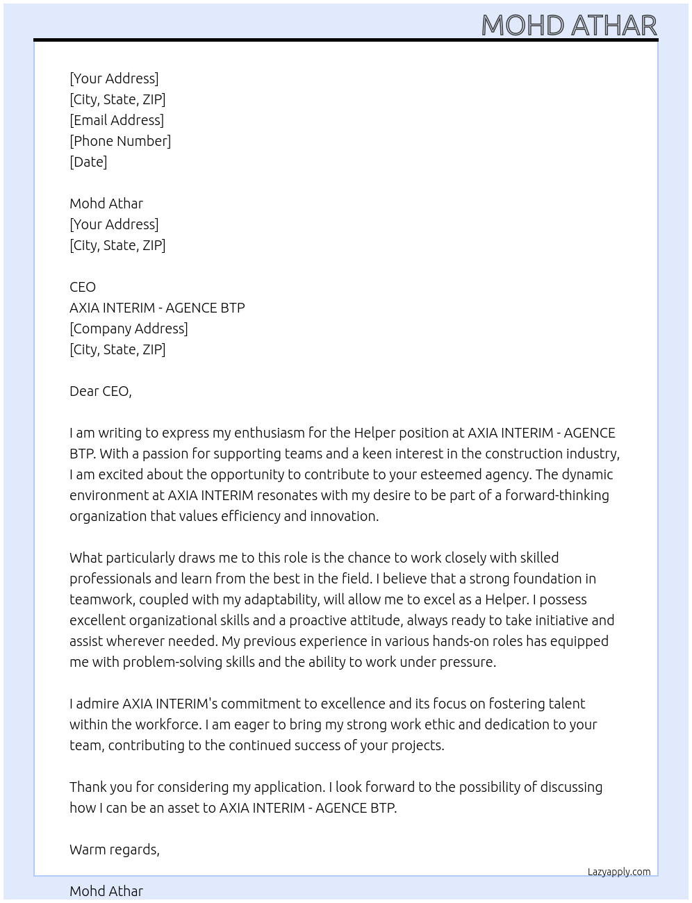 Helper At AXIA INTERIM - AGENCE BTP Cover Letter