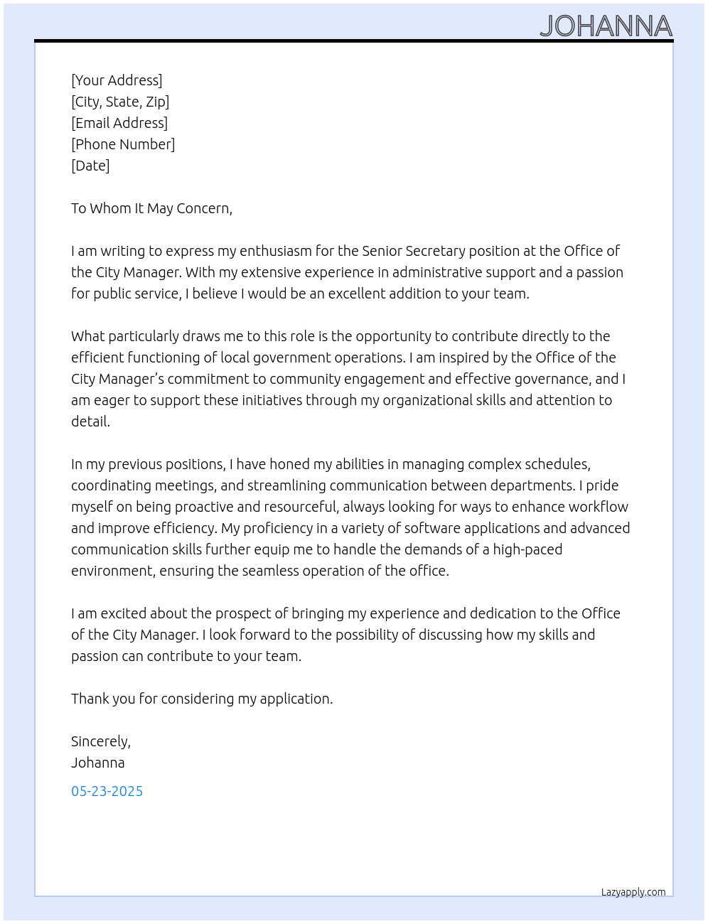 Cover letter for senior secretary - LazyApply