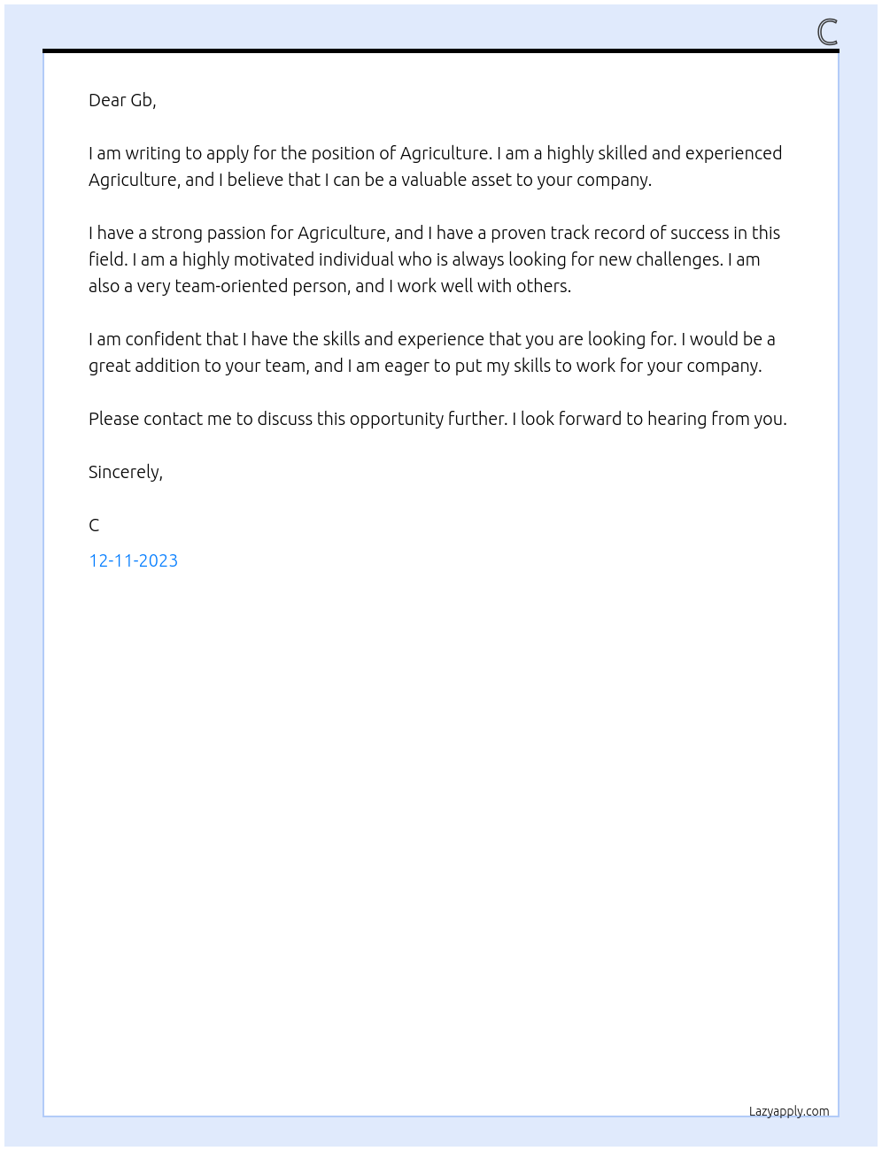 Agriculture At Gb Cover Letter