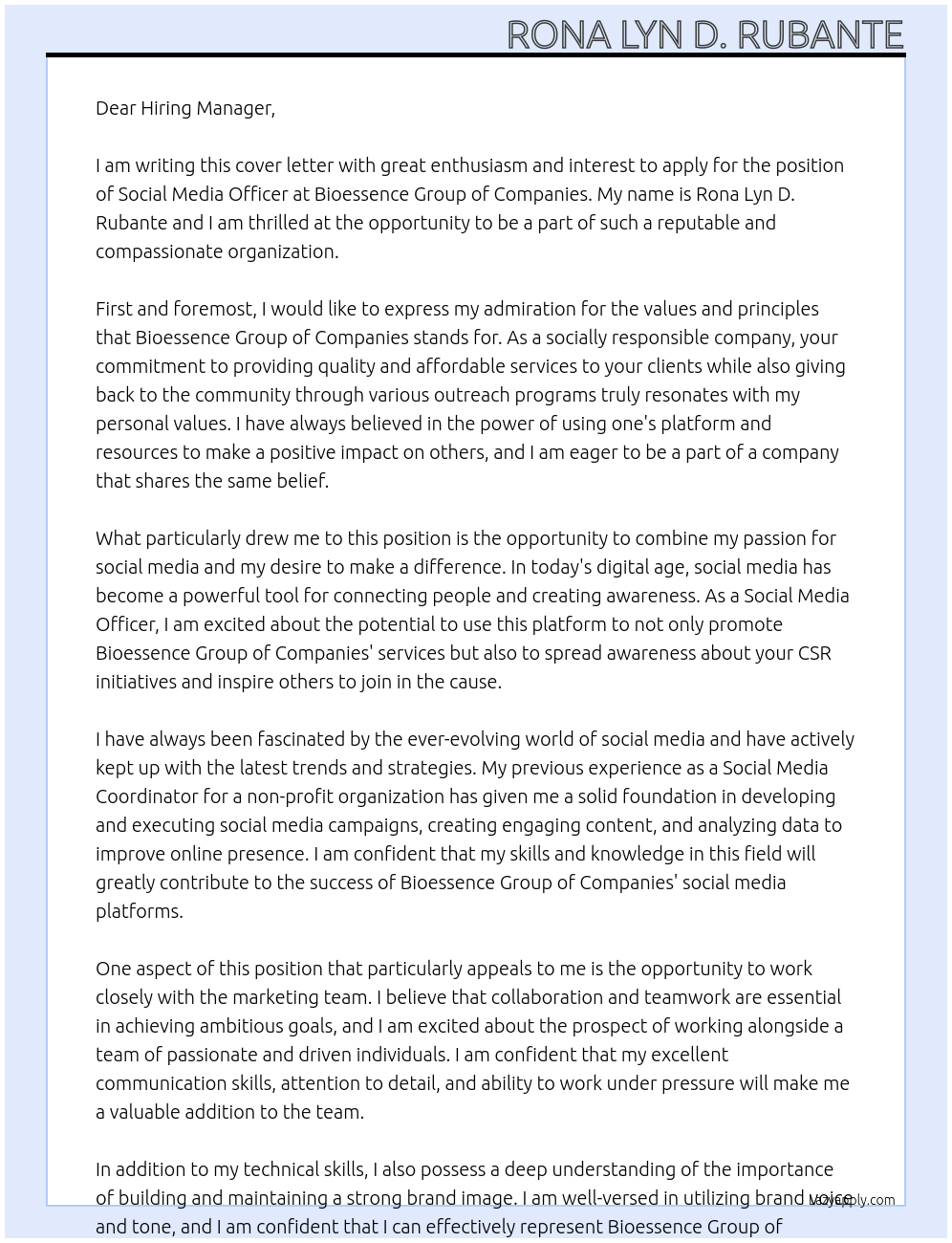 Social Media Officer At Bioessence Group of Companies Cover Letter