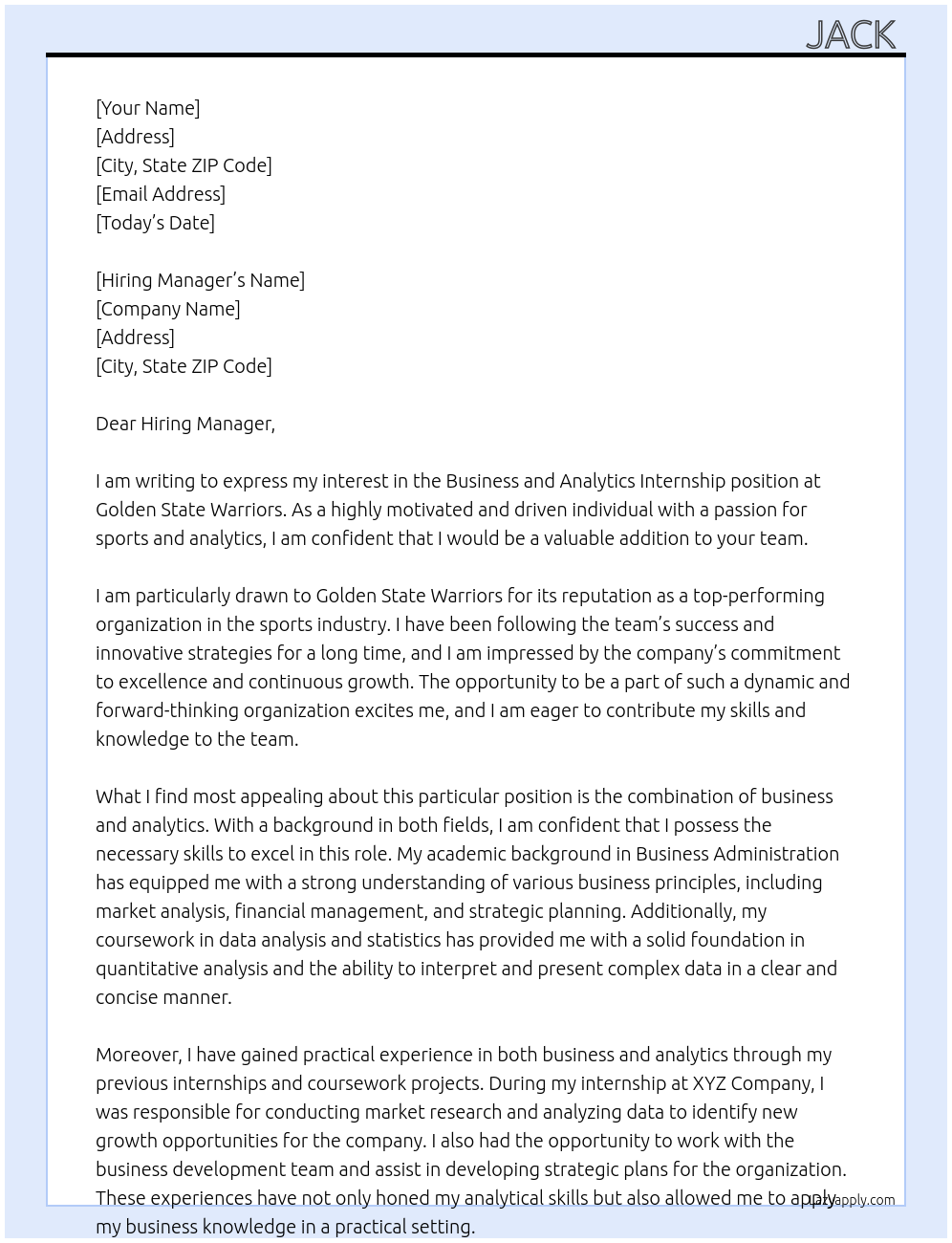 Business and Analytics Internship At Golden State Warriors Cover Letter