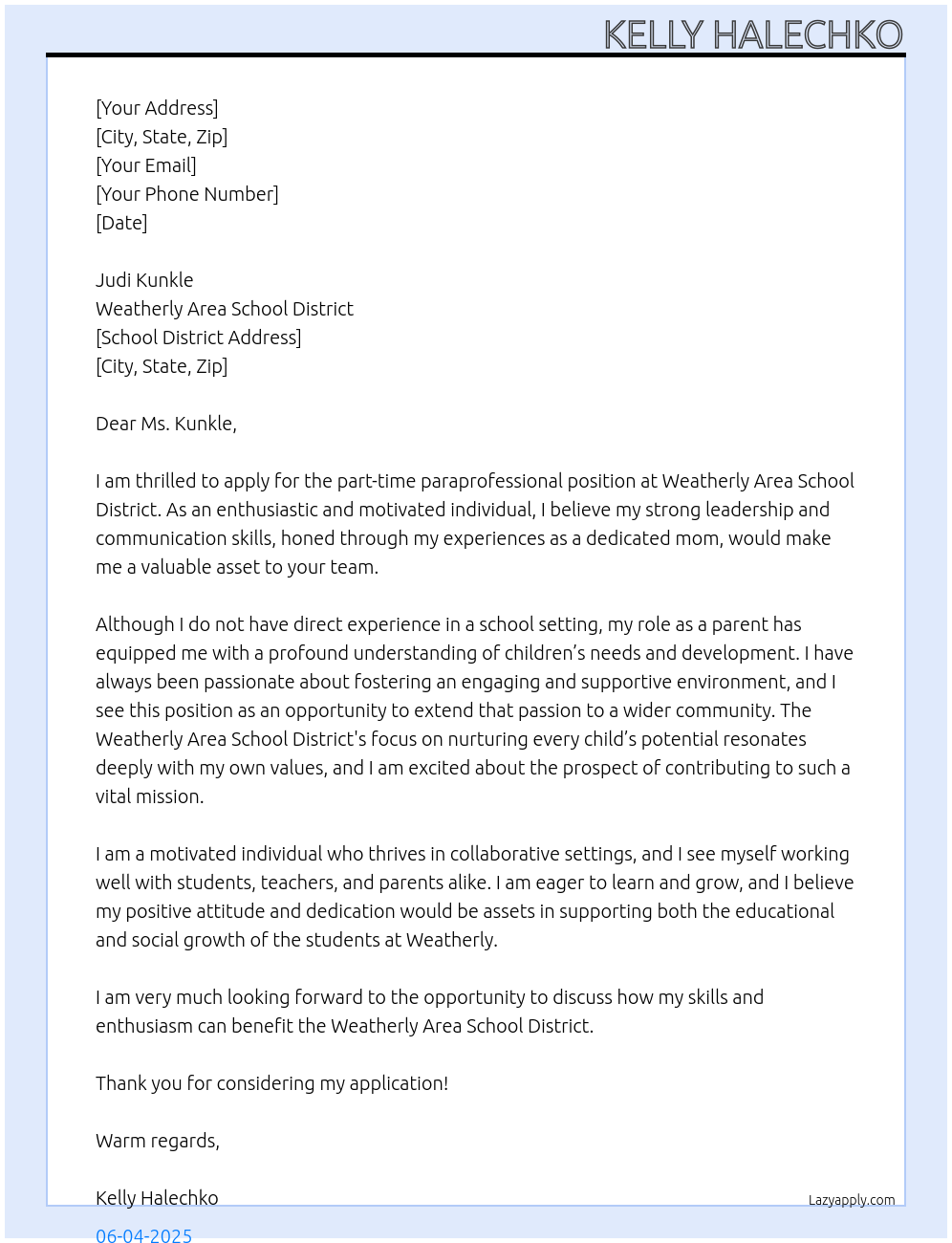 Cover letter for paraprofessional - LazyApply