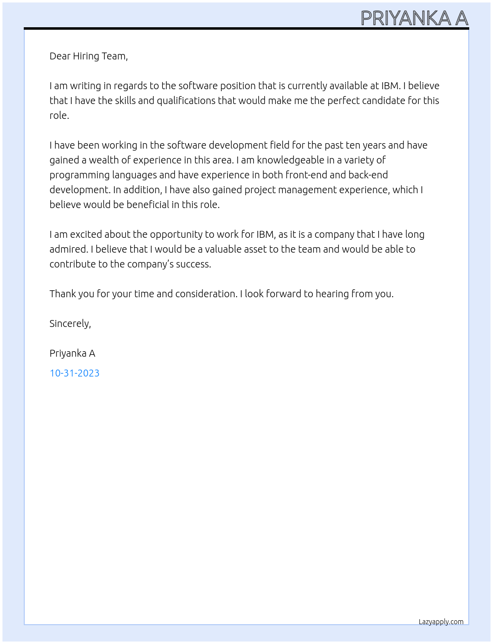 software At IBM Cover Letter