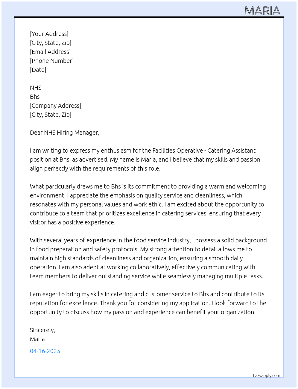 Facilities Operative - Catering Assistant At Bhs Cover Letter