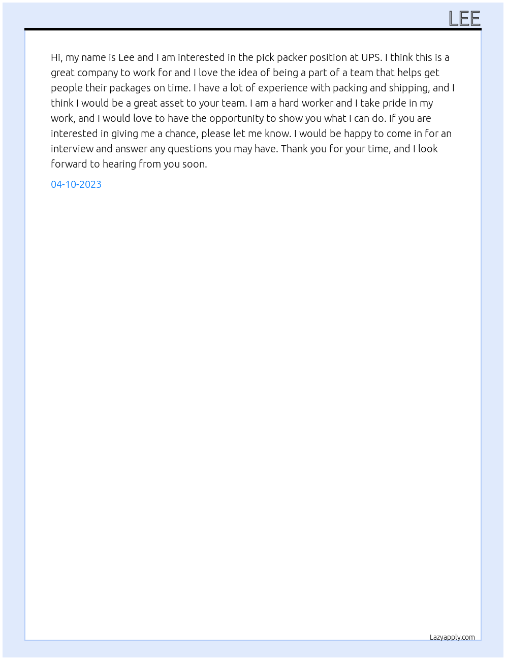 pick packer At UPS Cover Letter
