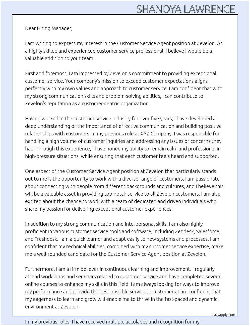 Customer service agent At Zevelon Cover Letter