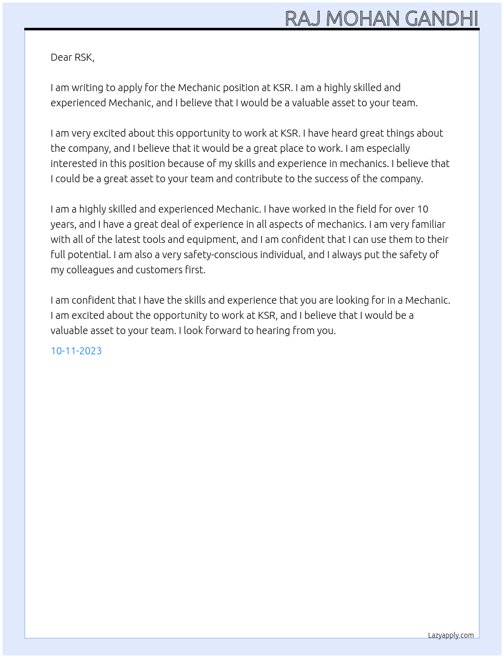 Mechanic At KSR Cover Letter