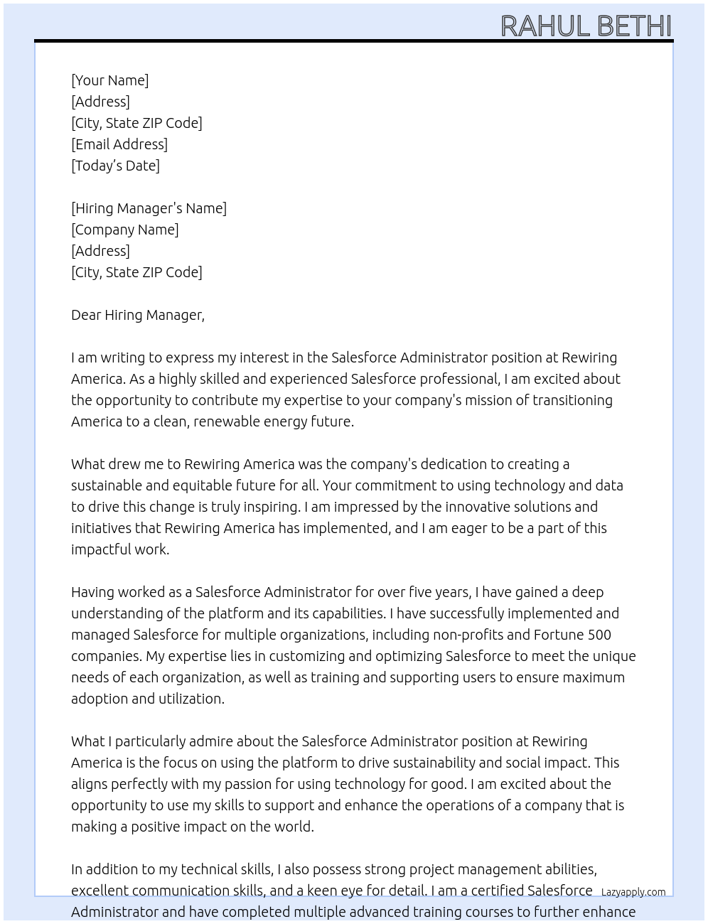 Salesforce Administrator At Rewiring America Cover Letter