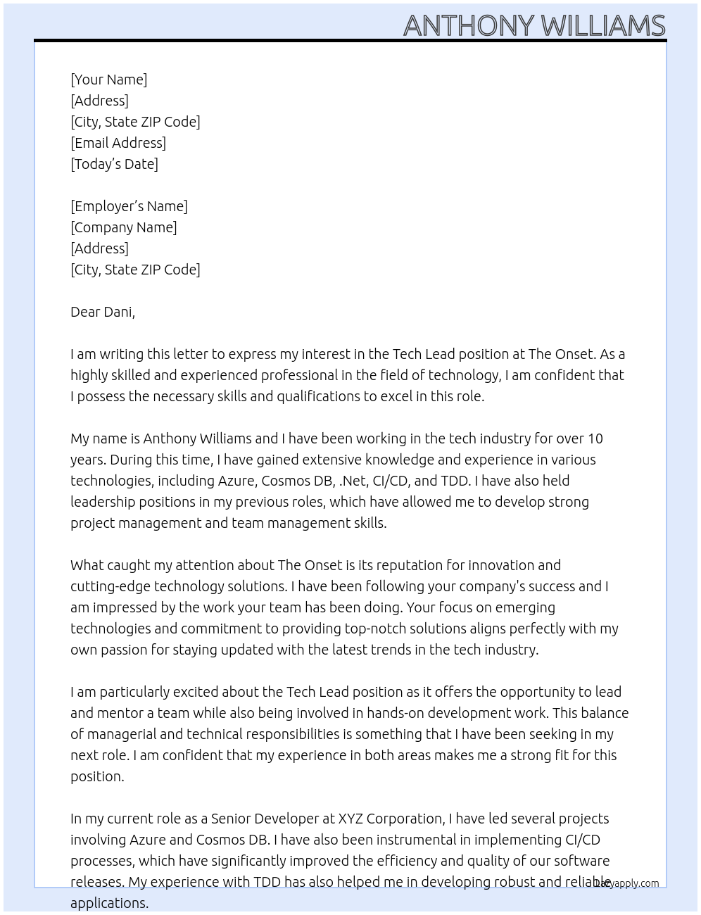 Tech Lead At The Onset Cover Letter