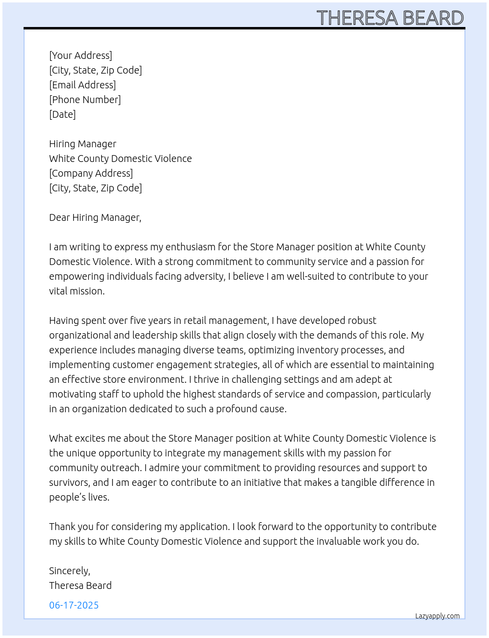 store manager At White county domestic violence Cover Letter