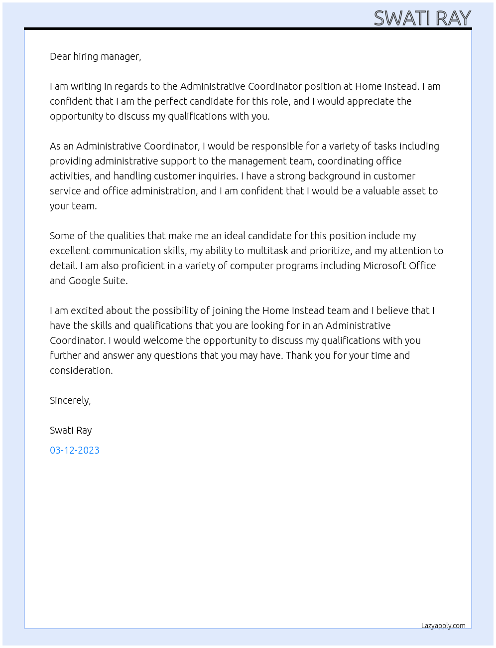 Administrative Coordinator At Home Instead Cover Letter