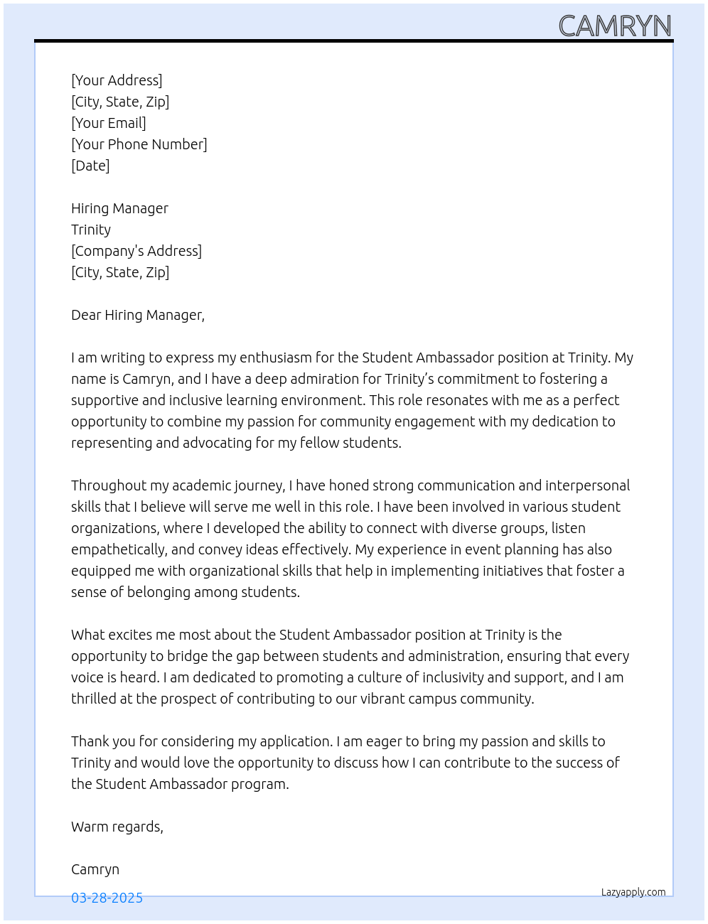 Student Ambassador At Trinity Cover Letter