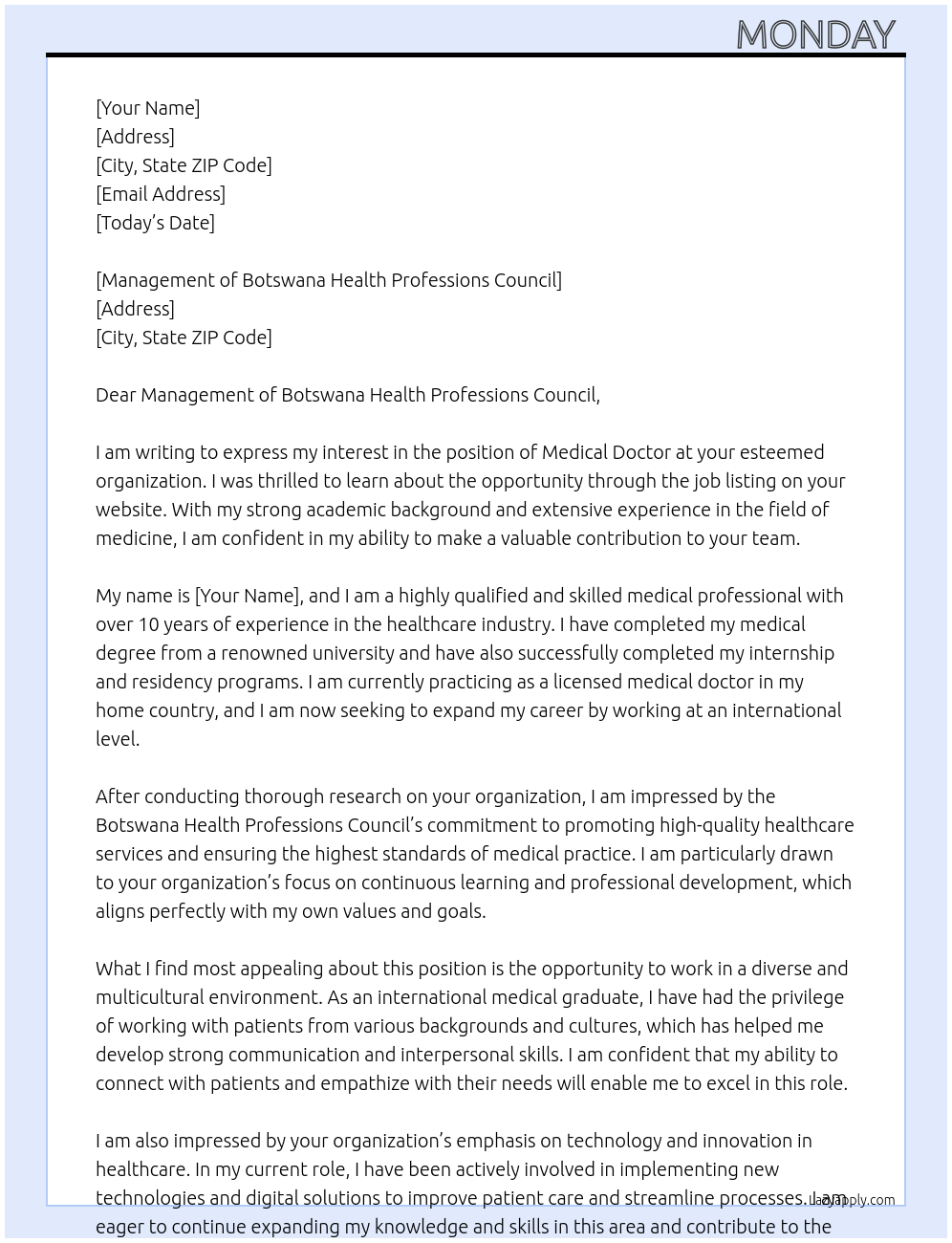 Medical doctor At For registration as International medical graduate in Botswana Health professions Council Cover Letter