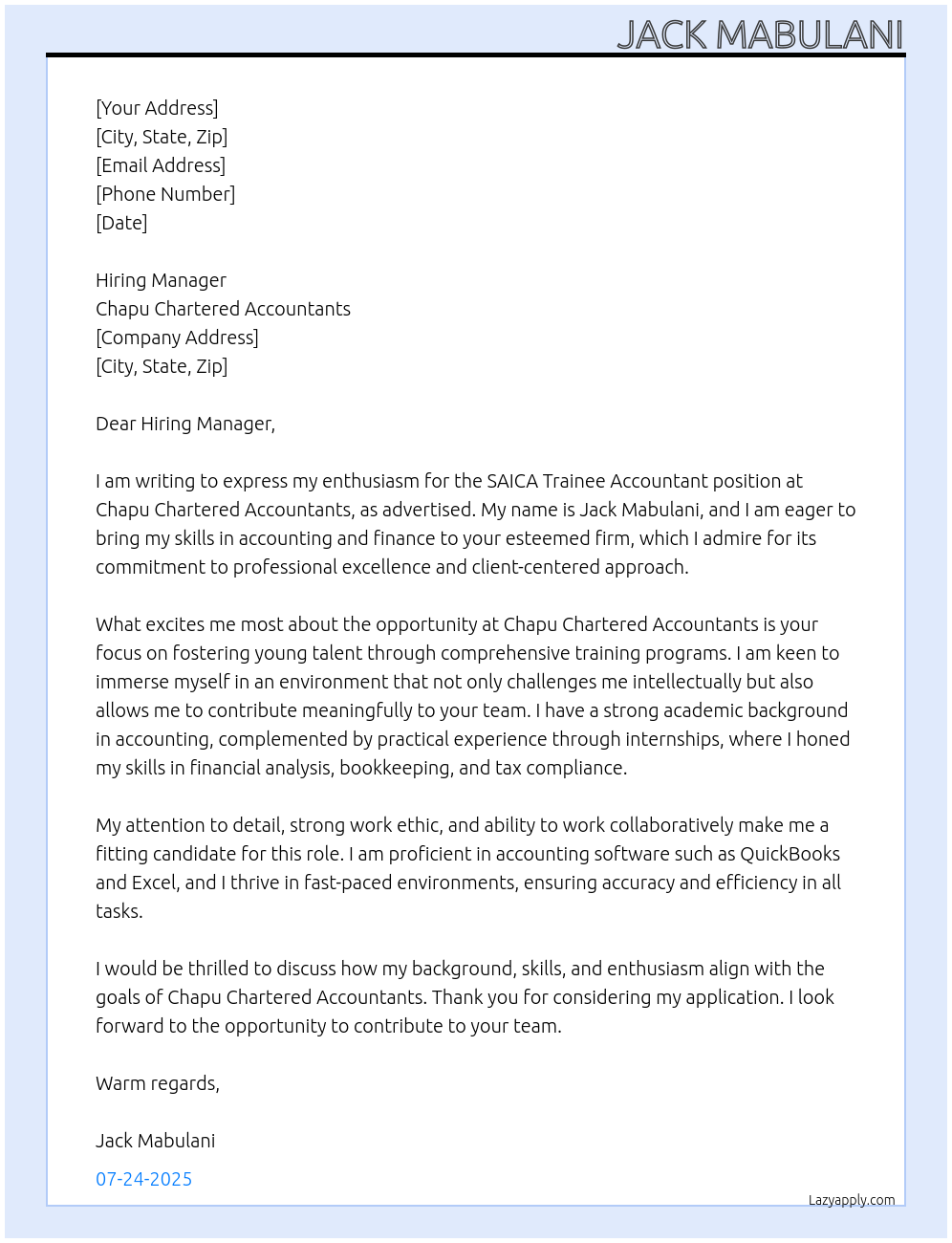 Cover letter for saica trainee accountant - LazyApply