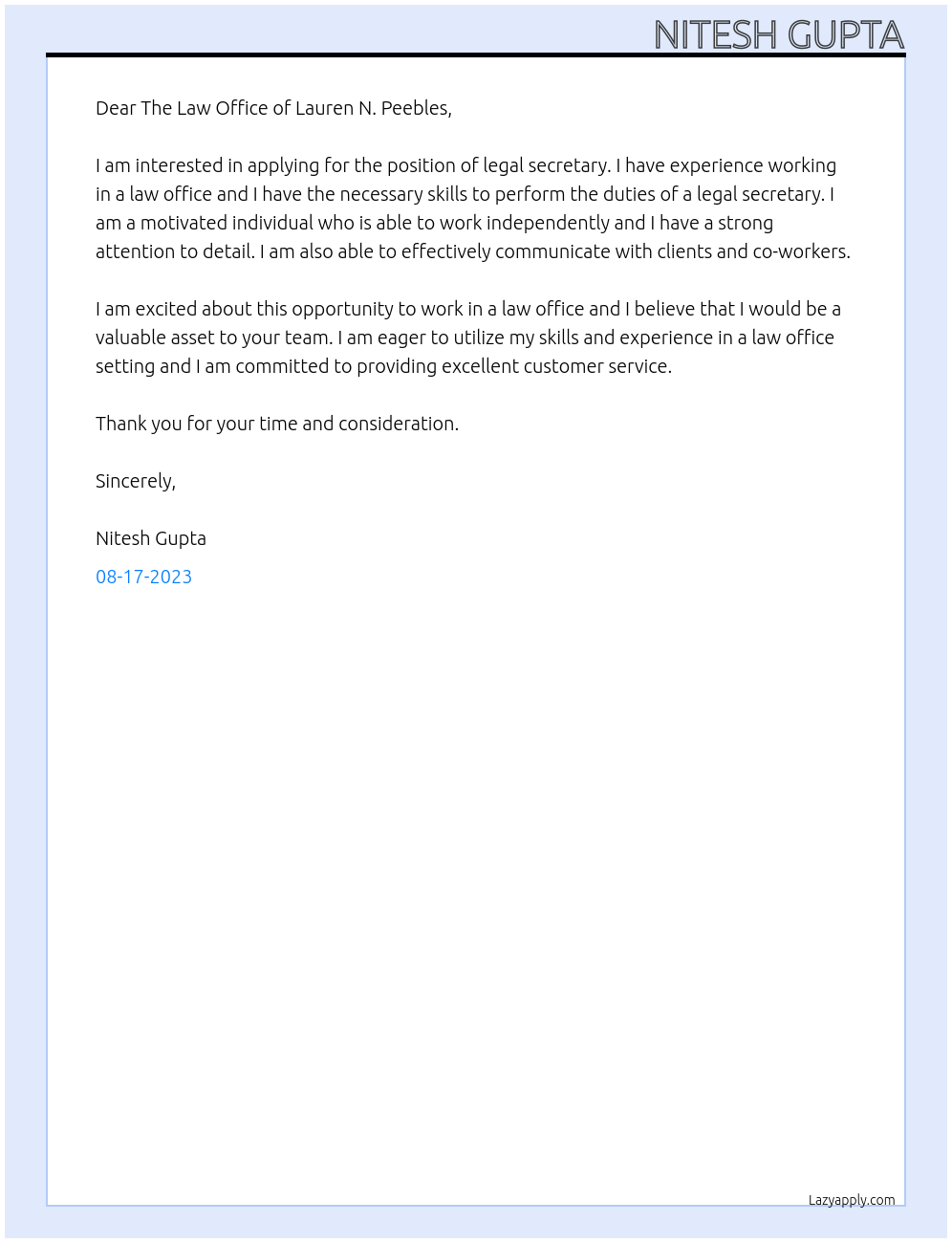 Legal Secretary At The Law Office of Lauren N. Peebles Cover Letter