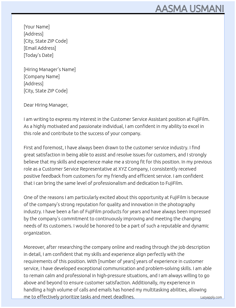 Customer Service Assistant At FujiFilm Cover Letter