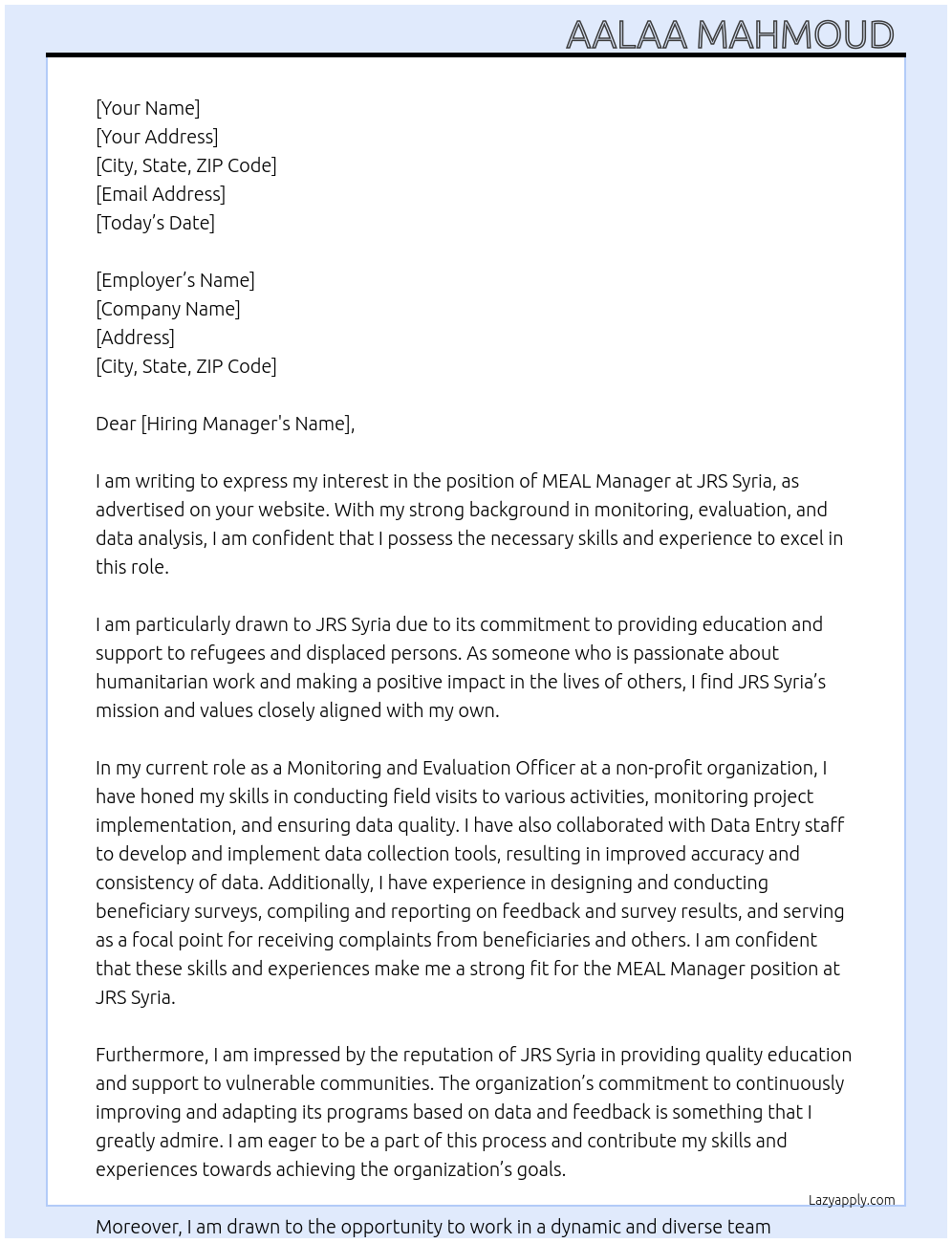 meal manager  At JRS Syria  Cover Letter