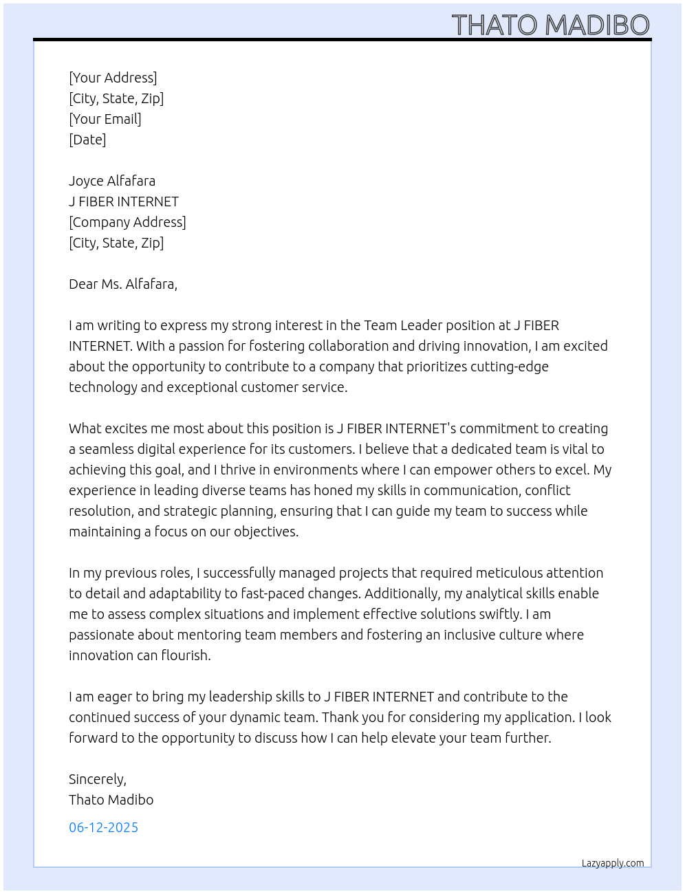 Team leader At J FIBER INTERNET Cover Letter