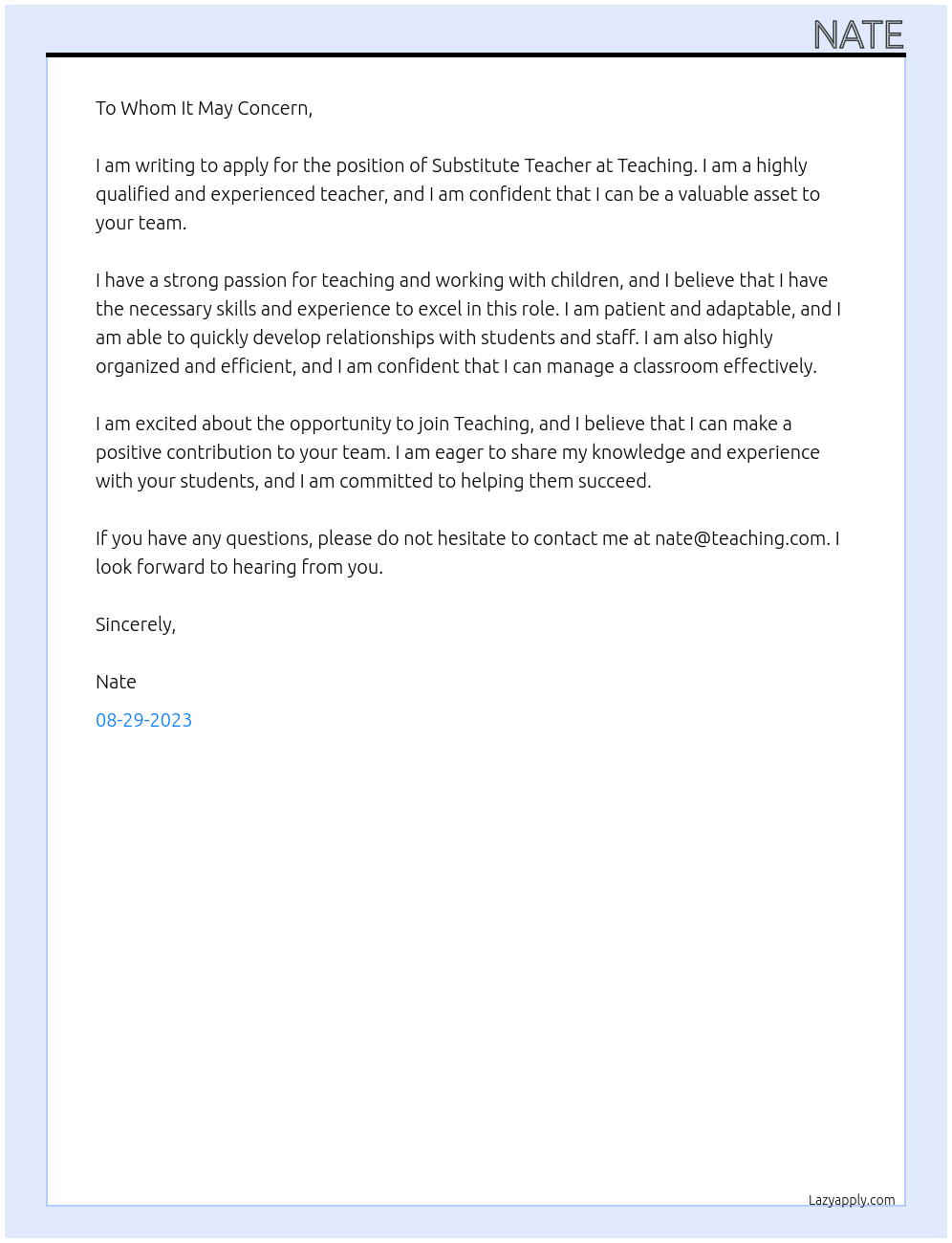 Substitute teacher At Teaching Cover Letter