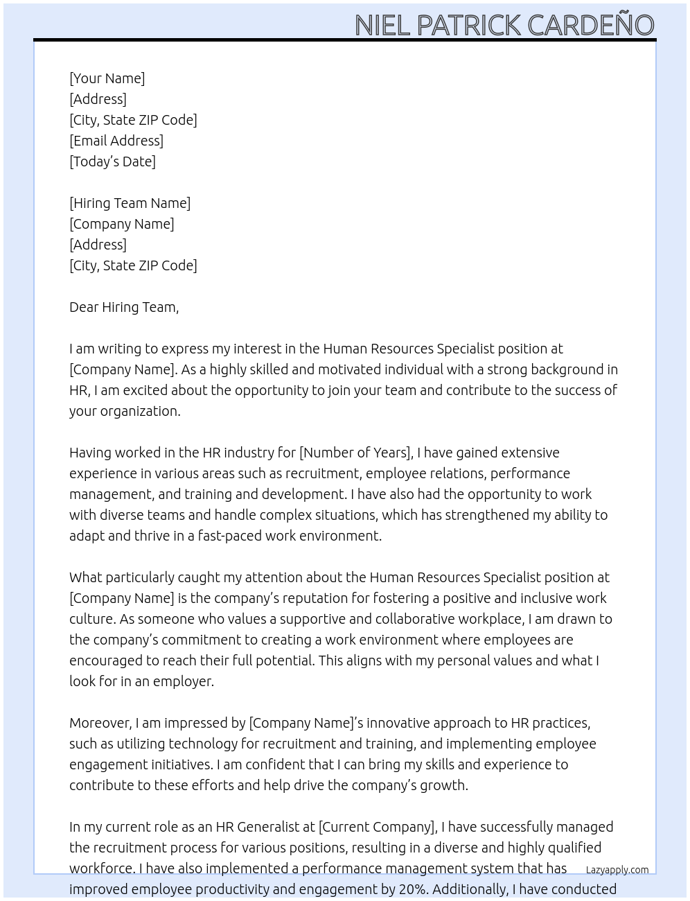 Human Resources Specialist At Human Resources Cover Letter