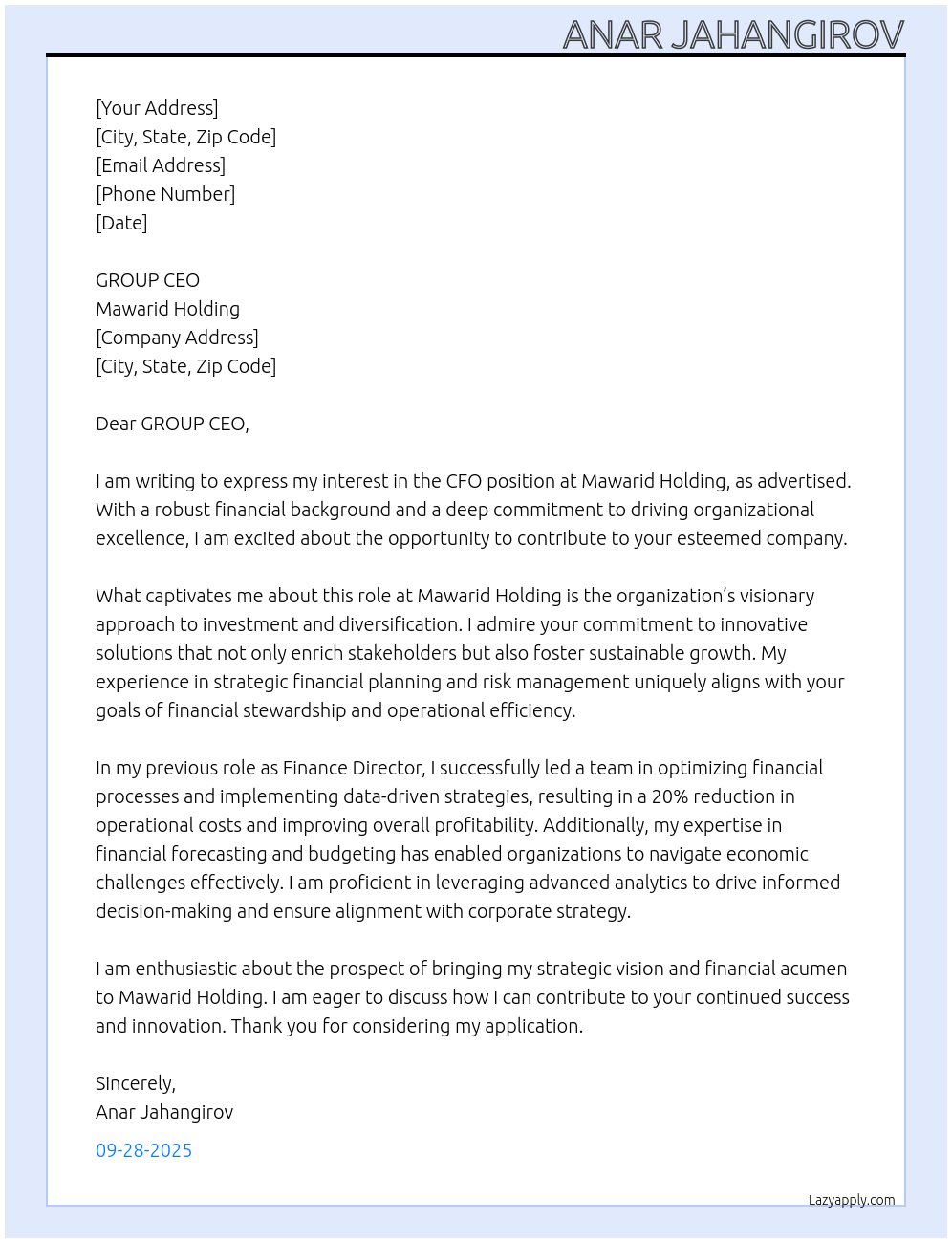 CFO At MAWARID HOLDING Cover Letter