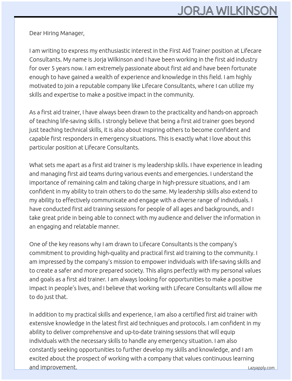 First Aid Trainer At Lifecare Consultants Cover Letter