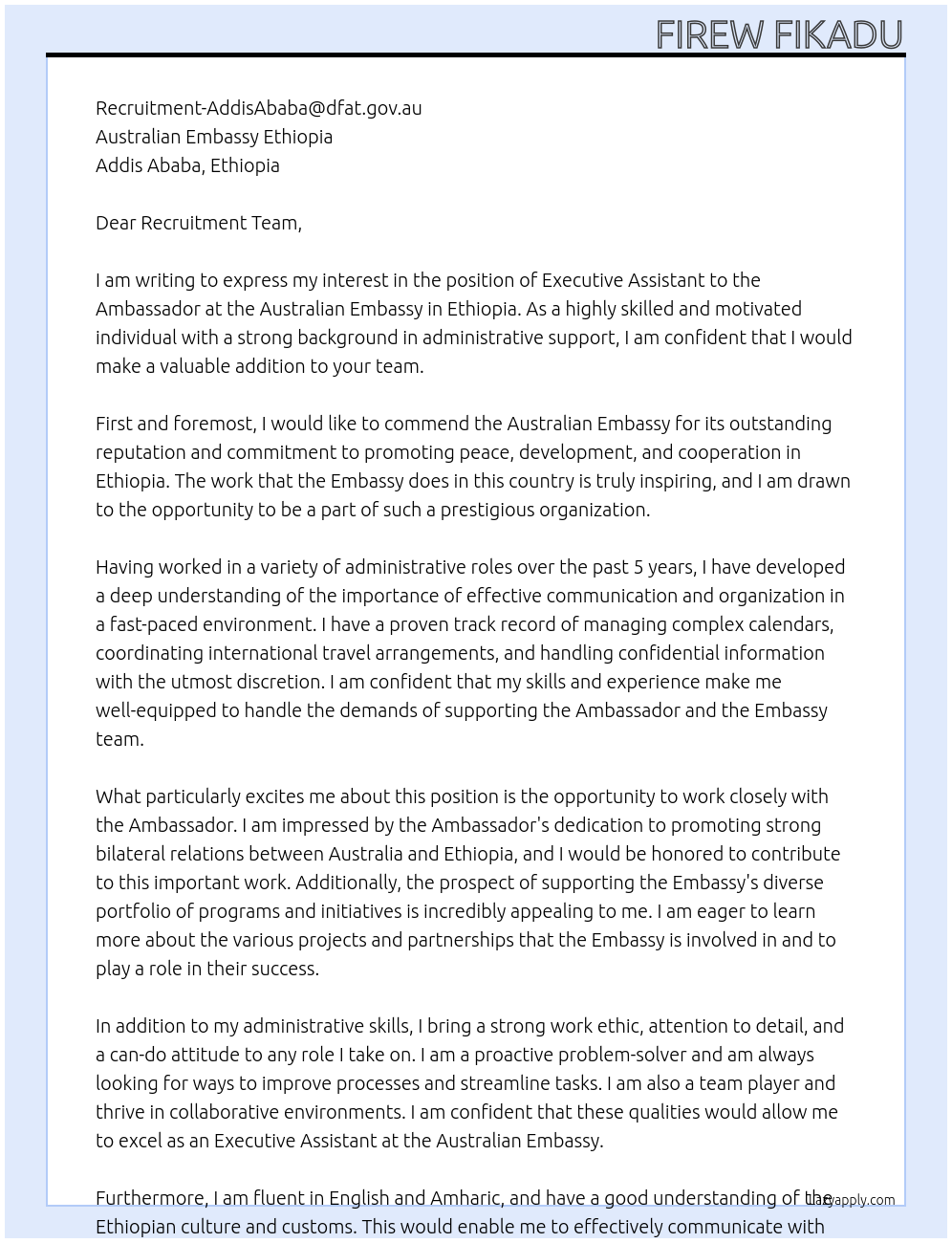Executive Assistant to the Ambassador At Australian Embassy Ethiopia Cover Letter