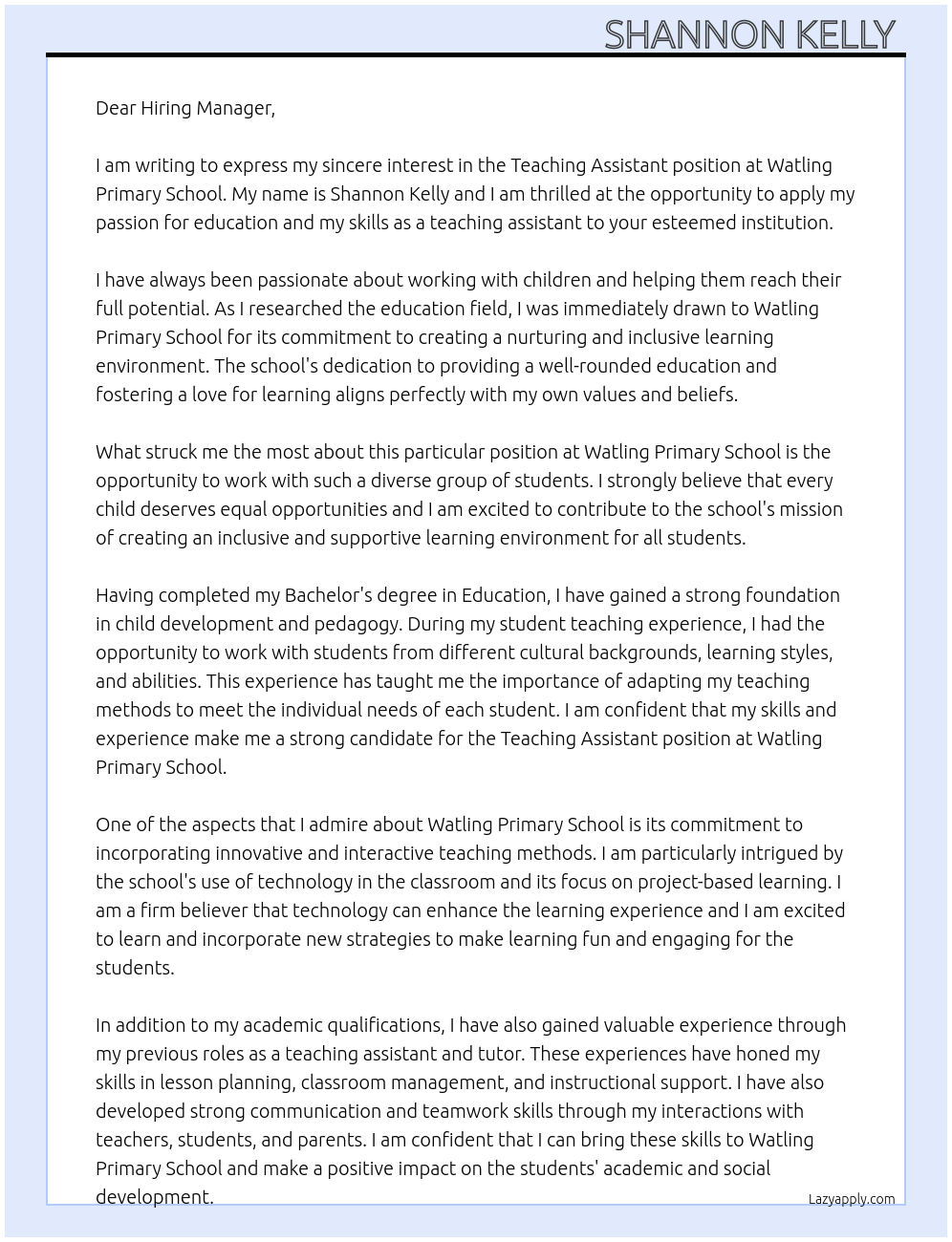 Teaching Assistant At Watling Primary School Cover Letter