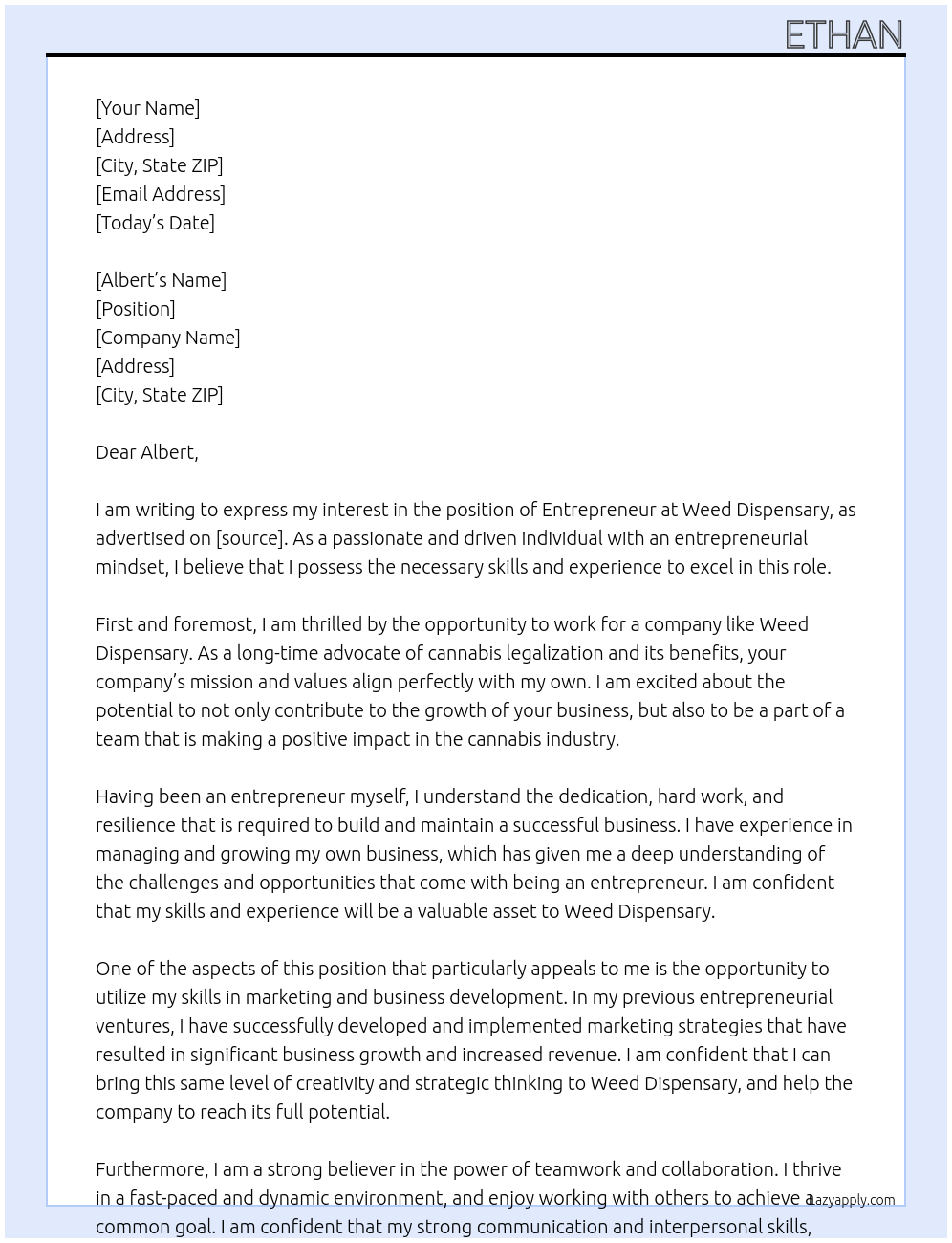 entrepreneur At weed dispensary Cover Letter
