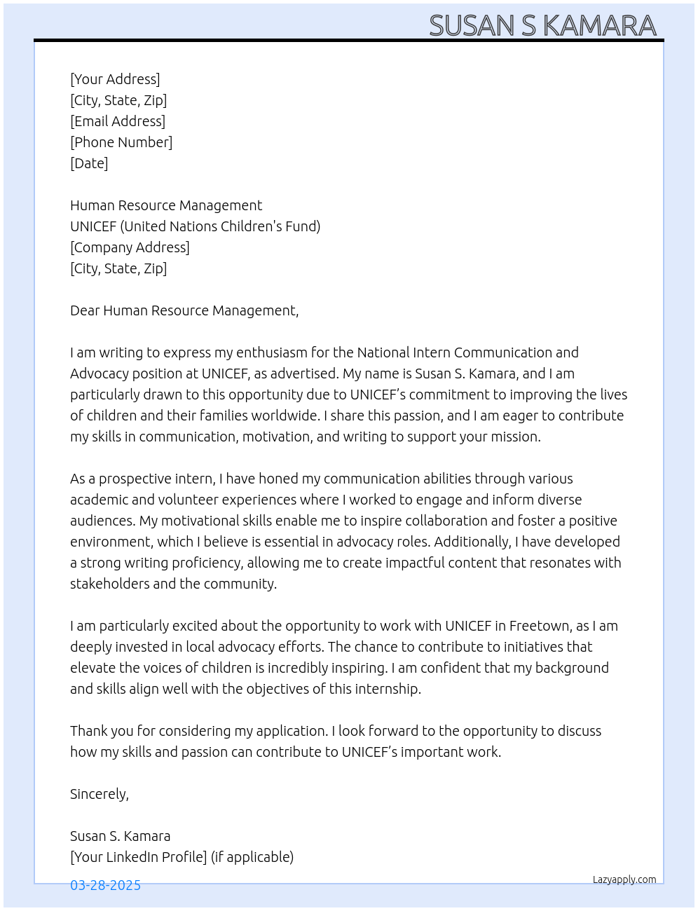 National Intern Communication and Advocacy  At UNICEF( United Nations Children's Fund ( Cover Letter